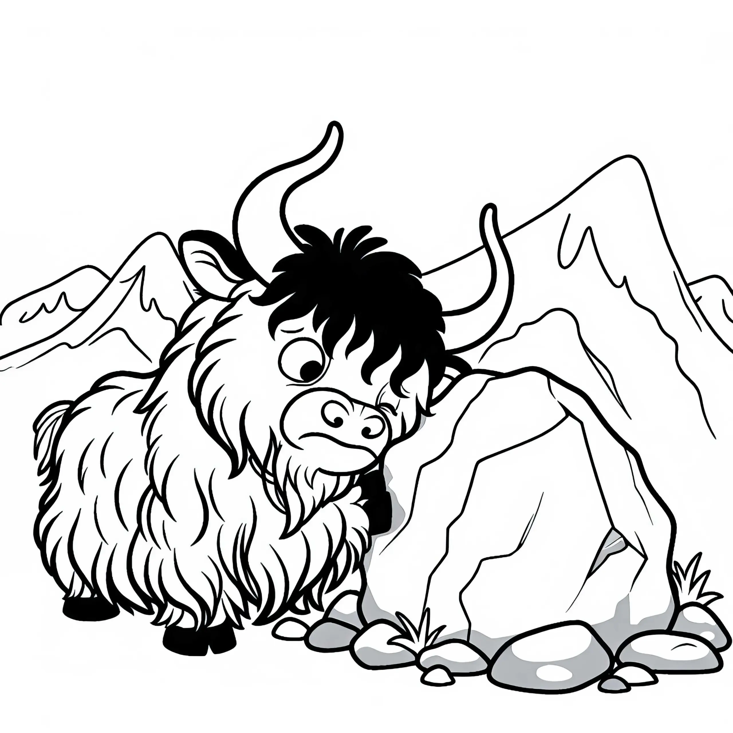 Yak reibt sich am Felsen – Ausmalbild kostenlos herunterladen