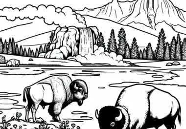 Yellowstone Nationalpark mit Büffeln Malvorlage Nordamerika Kostenlos