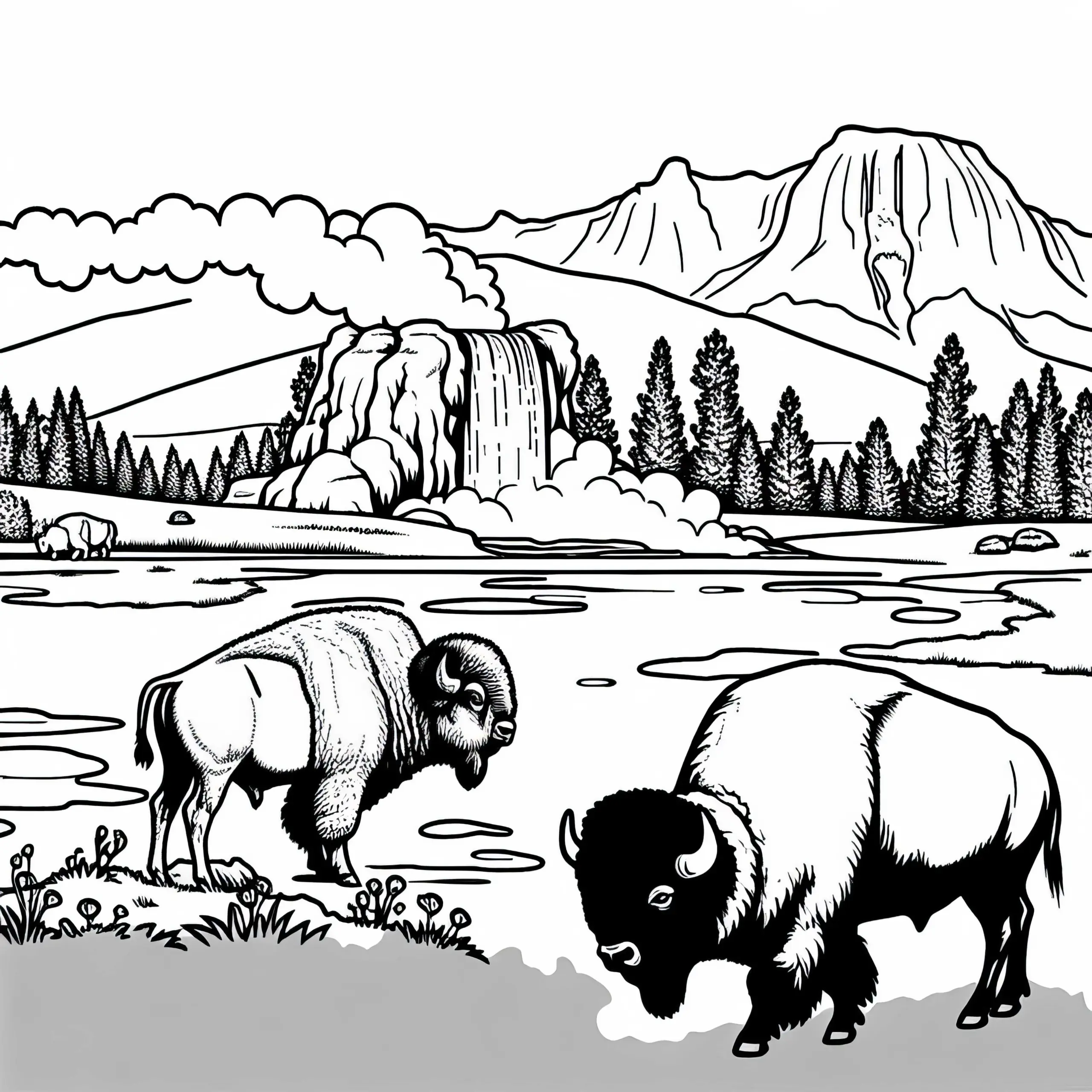Yellowstone Nationalpark mit Büffeln Malvorlage Nordamerika Kostenlos (Ausmalbild)