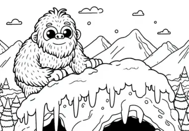 Yeti baut Schneehöhlenversteck auf eisigem Gipfel – Ausmalbild kostenlos