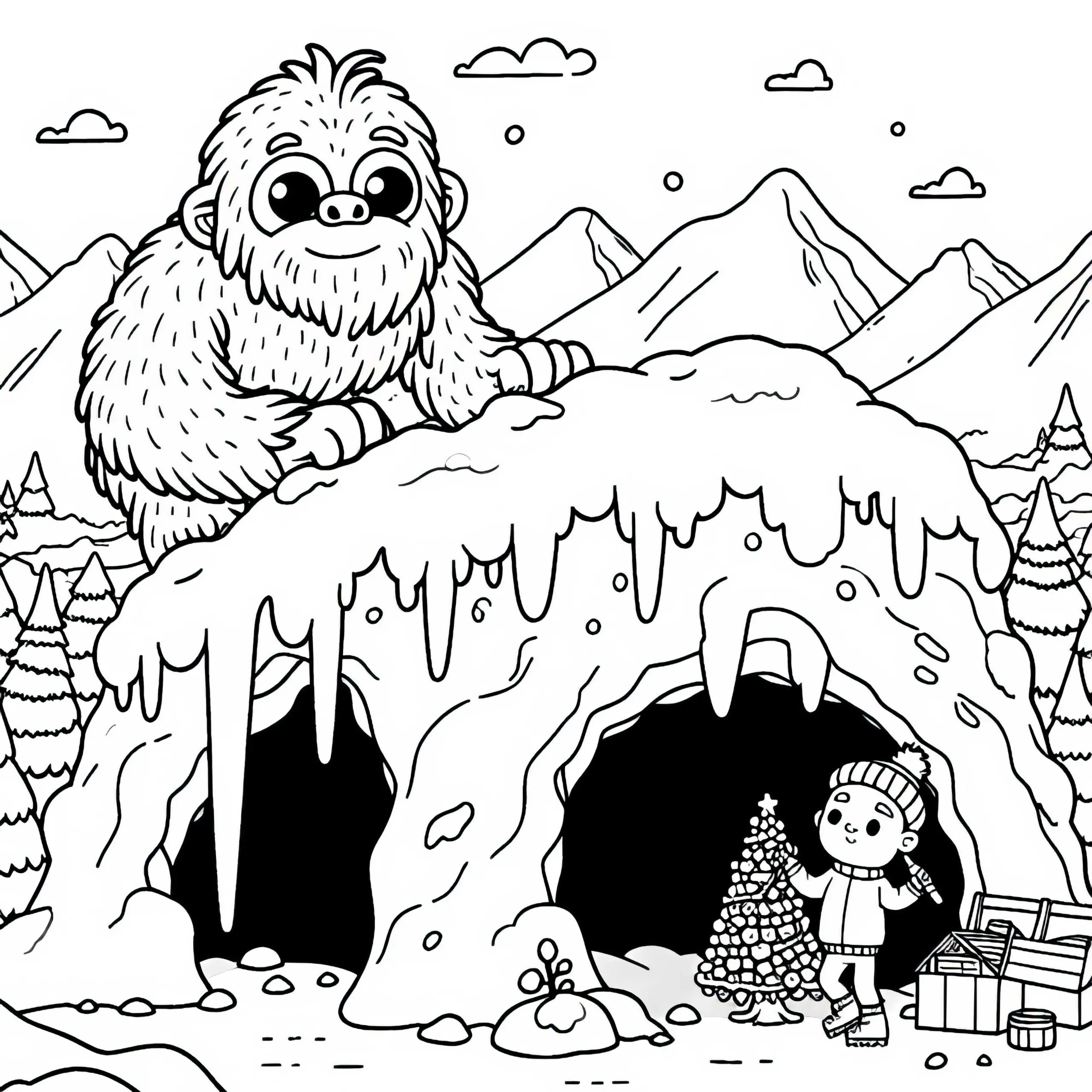 Yeti baut Schneehöhlenversteck auf eisigem Gipfel – Ausmalbild kostenlos