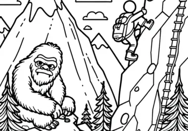 Yeti beobachtet Bergsteiger – Malvorlage gratis herunterladen