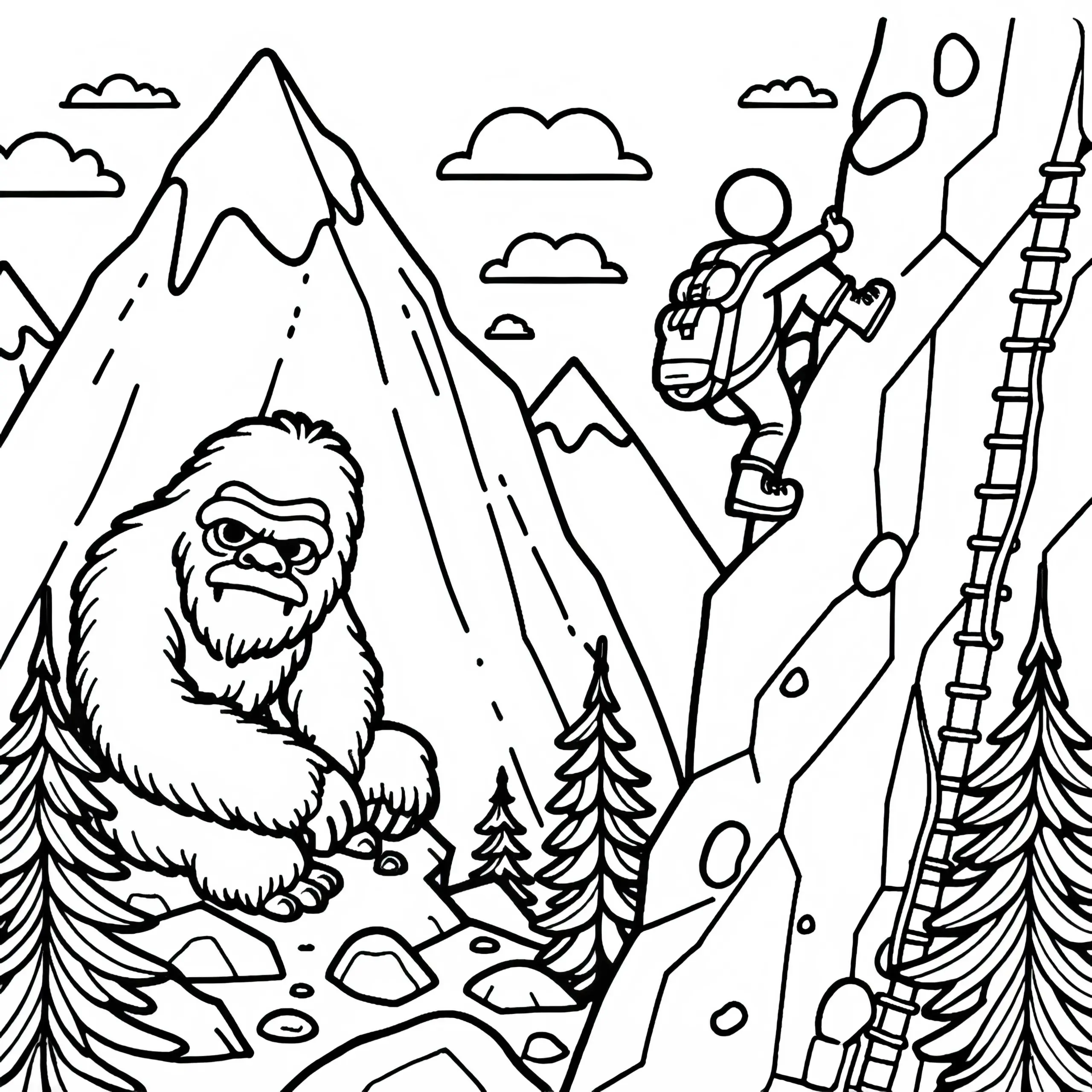 Yeti beobachtet Bergsteiger – Malvorlage gratis herunterladen (Ausmalbild)