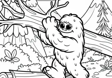Yeti hebt gefallenen Baum um einen Pfad zu räumen – Malvorlage kostenlos