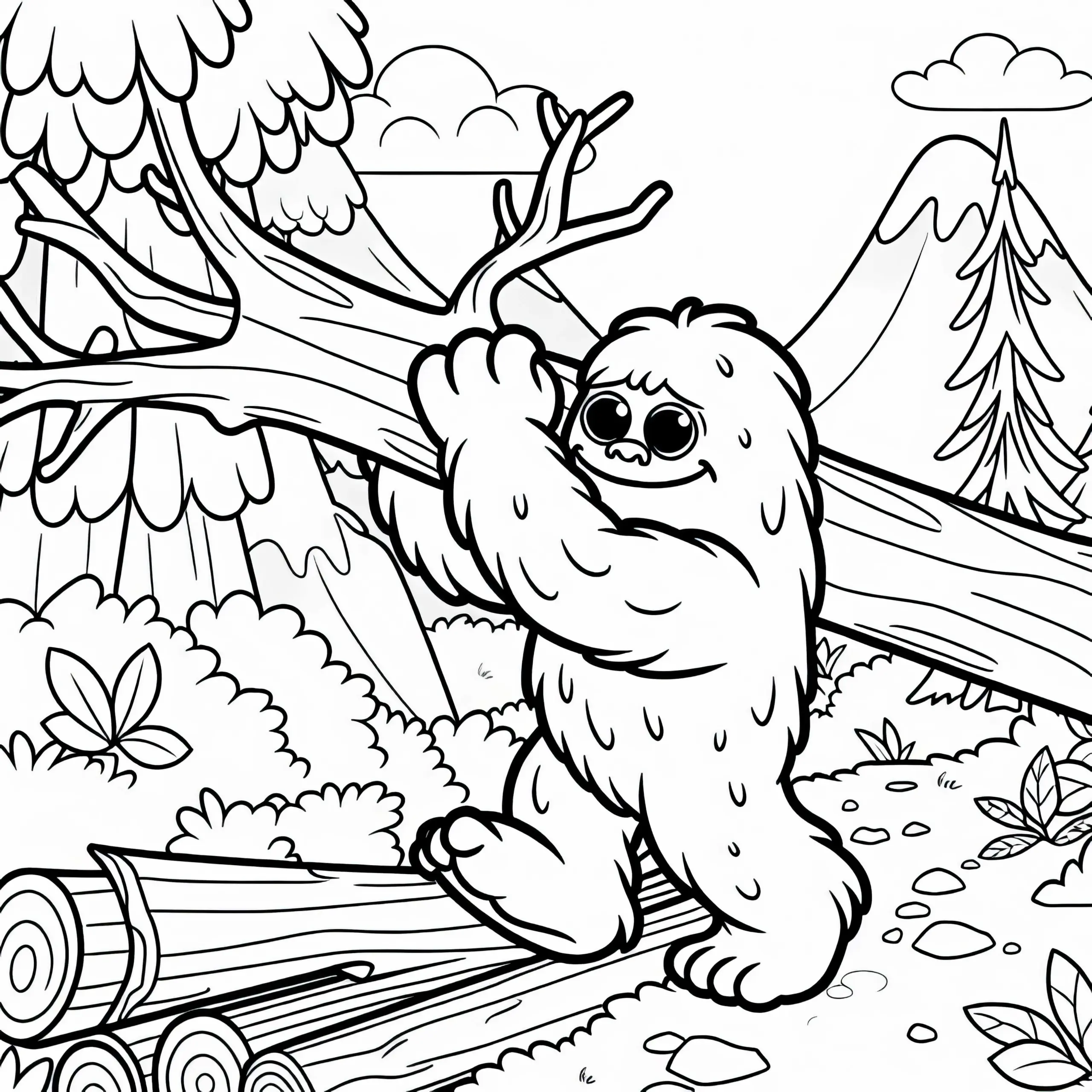 Yeti hebt gefallenen Baum um einen Pfad zu räumen – Malvorlage kostenlos (Ausmalbild)