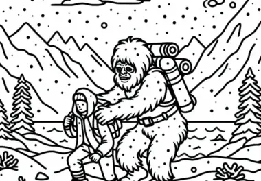 Yeti hilft Bergsteiger, der in einem Schneesturm gestrandet ist – Ausmalbild kostenlos