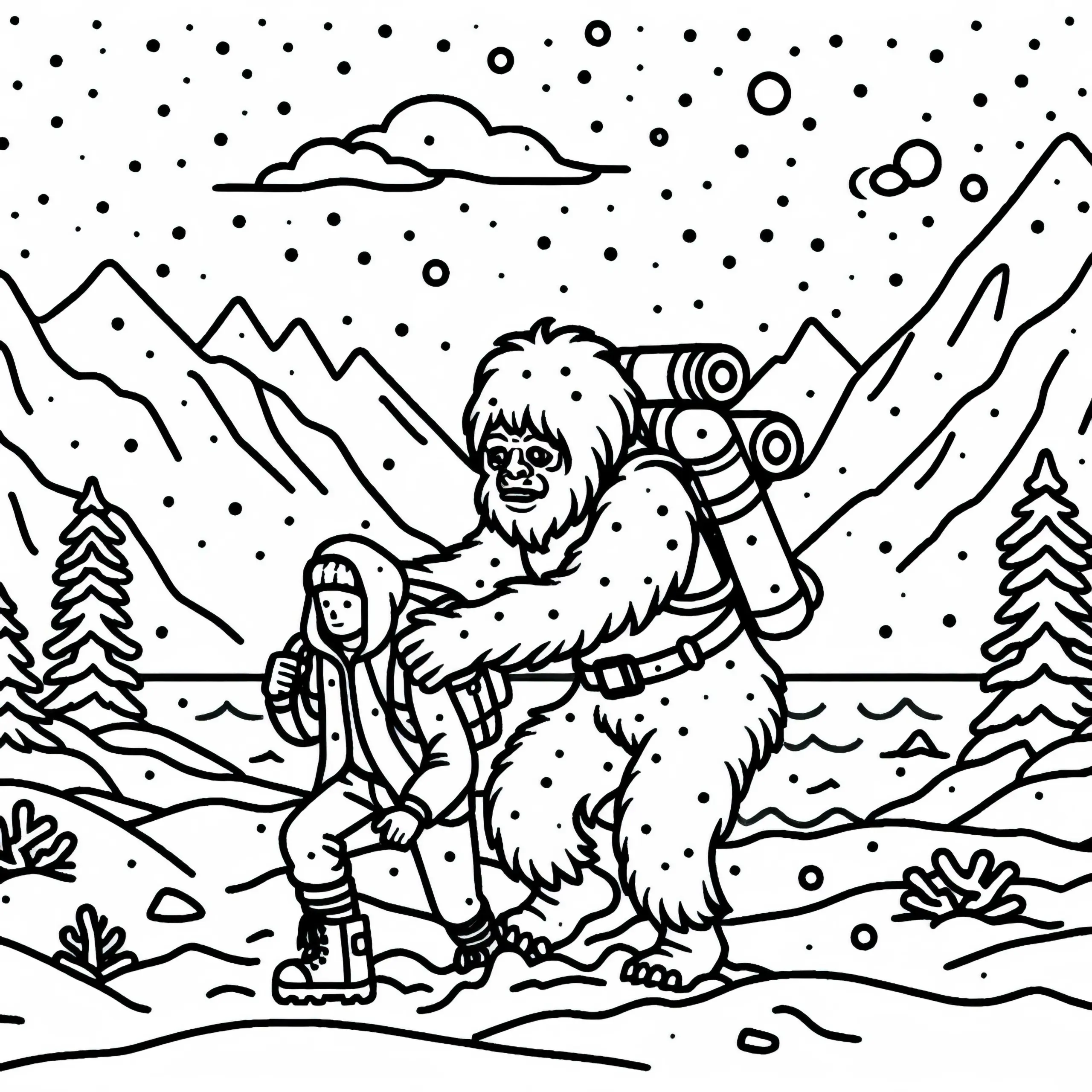 Yeti hilft Bergsteiger, der in einem Schneesturm gestrandet ist – Ausmalbild kostenlos
