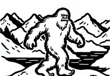 Yeti hinterlässt große Fußspuren im Schnee auf Berggipfel – Malvorlage einfach gratis