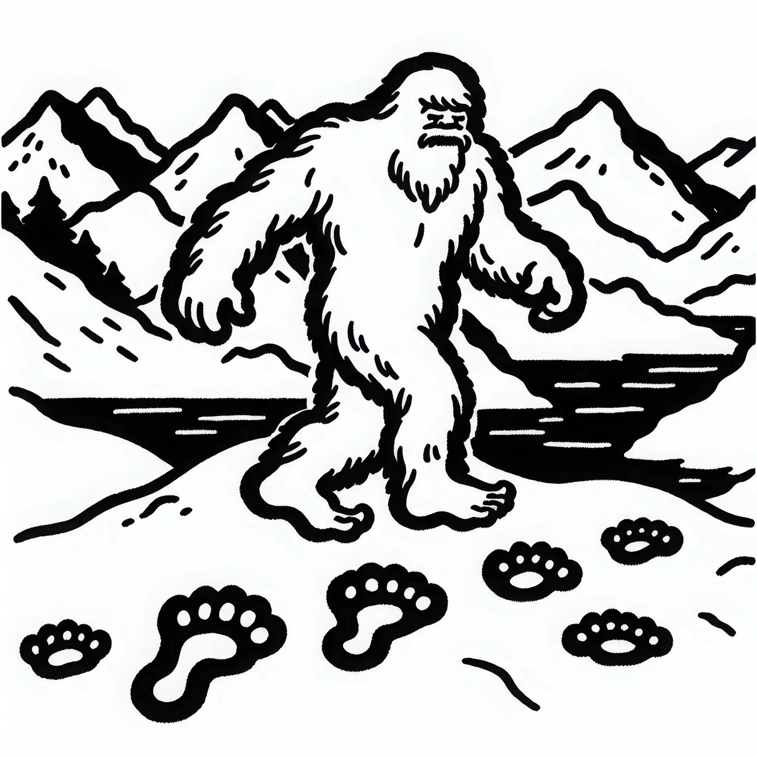 Yeti hinterlässt große Fußspuren im Schnee auf Berggipfel – Malvorlage einfach gratis (Ausmalbild)