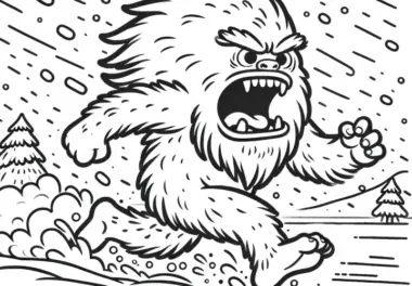 Yeti jagt durch Schneesturm und brüllt laut – Ausmalbild gratis