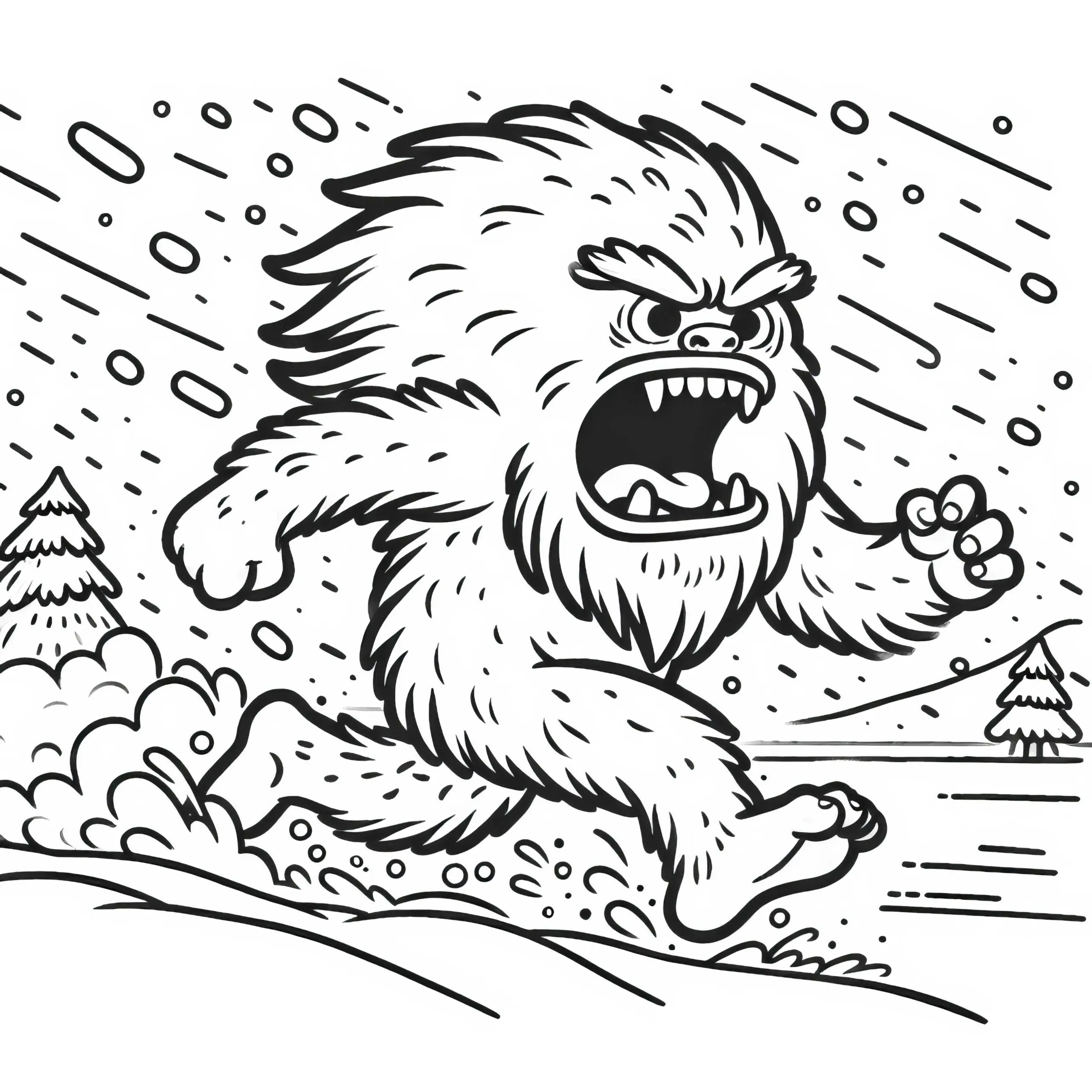Yeti jagt durch Schneesturm und brüllt laut – Ausmalbild gratis
