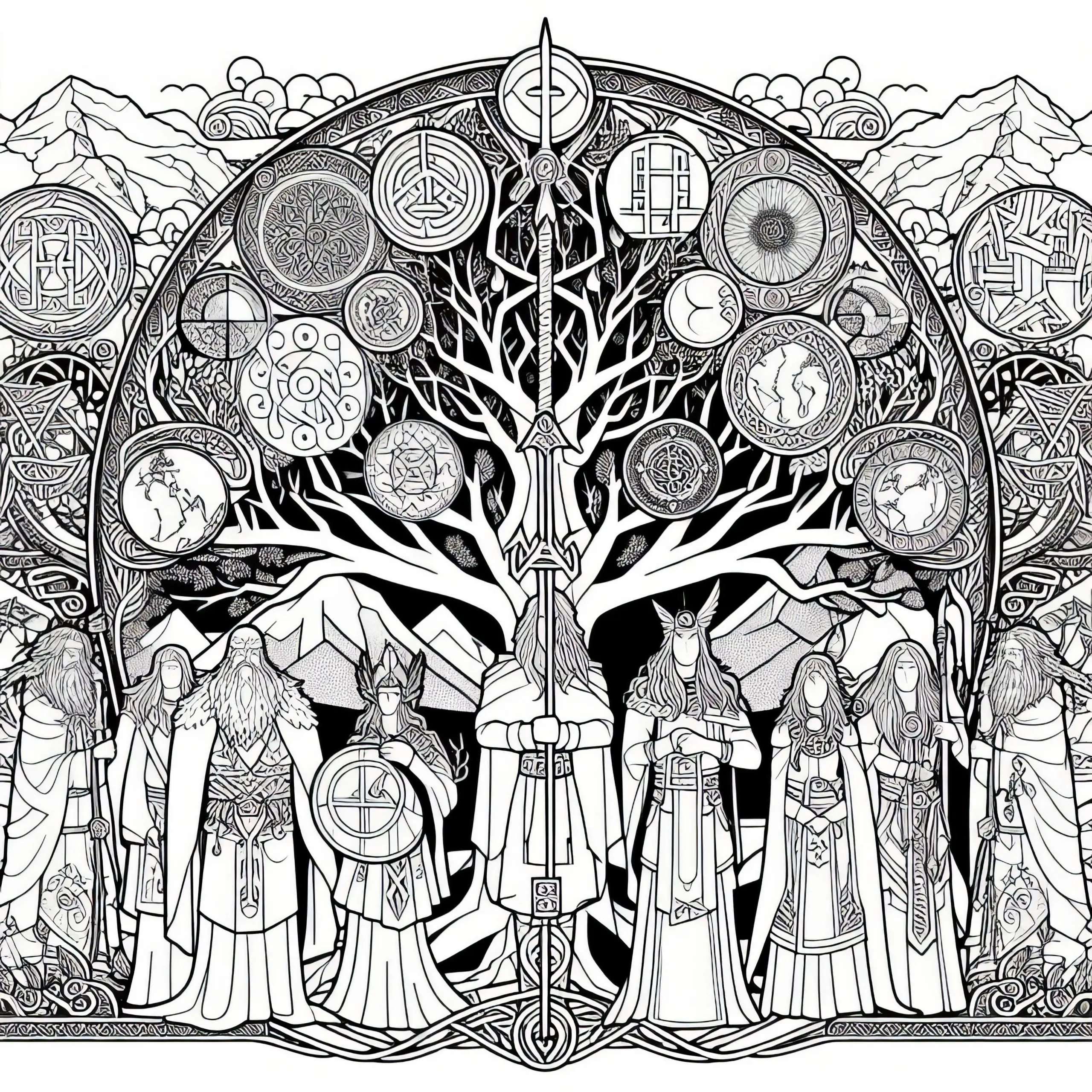 Yggdrasil, der Weltenbaum – Malvorlage nordische Mythologie gratis (Ausmalbild)