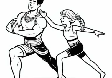 Yogalehrer zeigt Schülerin Yoga-Pose korrekt – Ausmalbild kostenlos