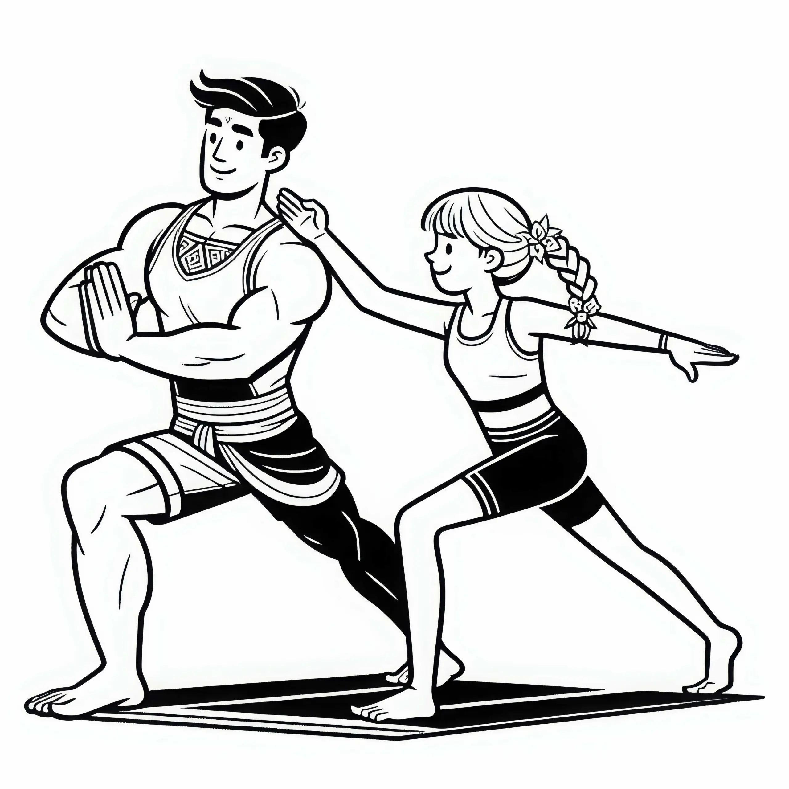 Yogalehrer zeigt Schülerin Yoga-Pose korrekt – Ausmalbild kostenlos