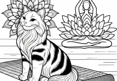 Yogamatte mit Katze und Blume – Ausmalbild für Mädchen ab neun kostenlos