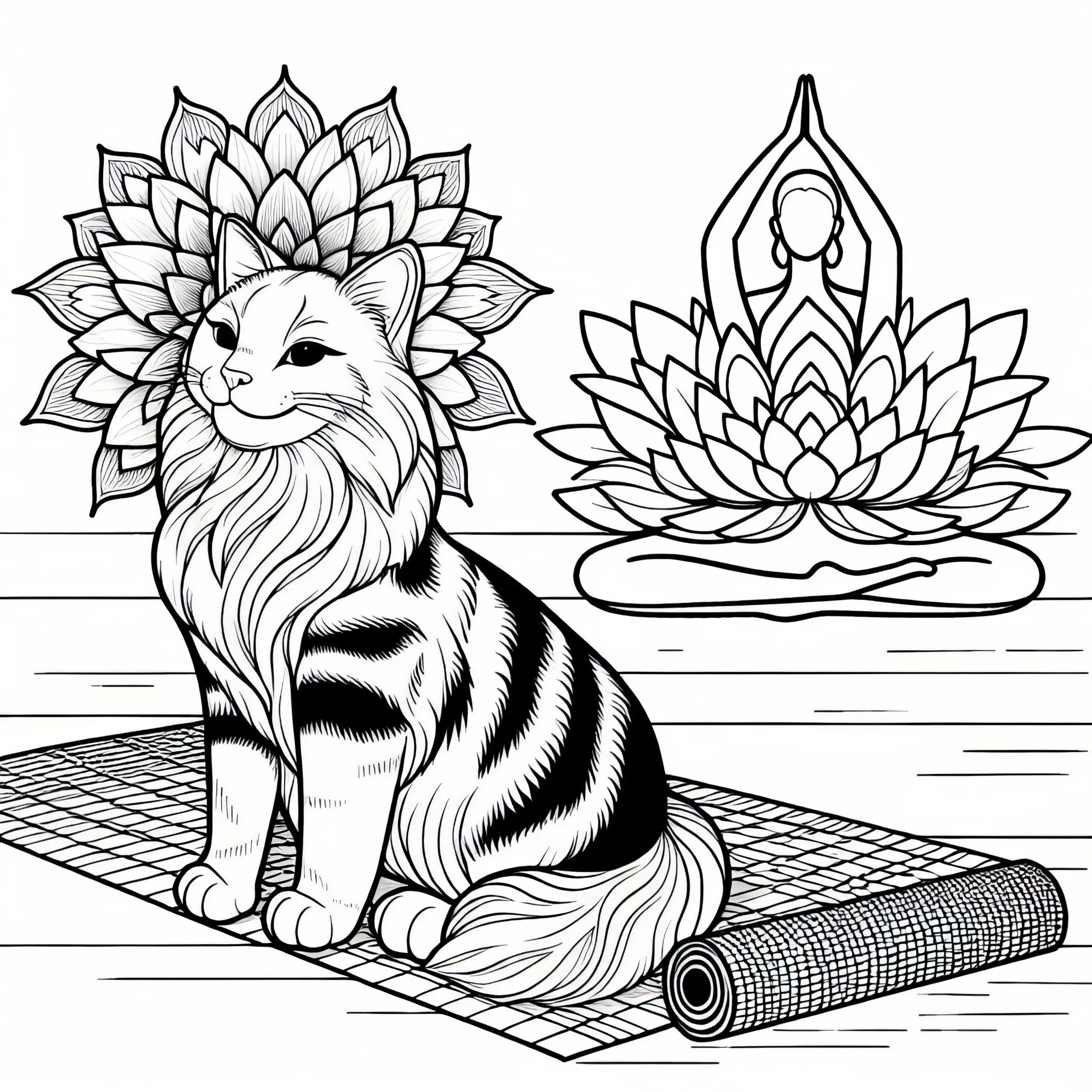 Yogamatte mit Katze und Blume – Ausmalbild für Mädchen ab neun kostenlos