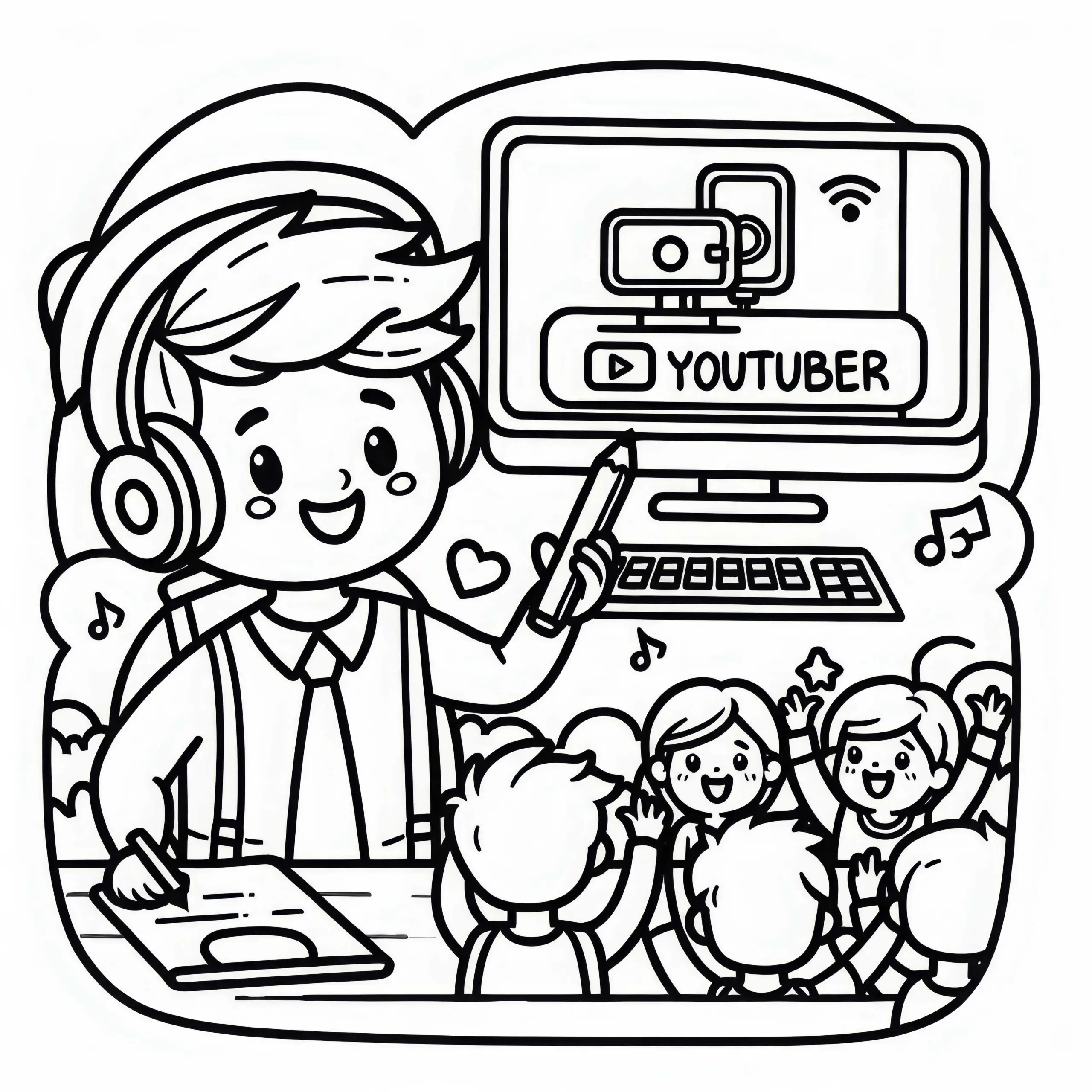 Youtuber streamt live mit Zuschauern – Malvorlage gratis (Ausmalbild)