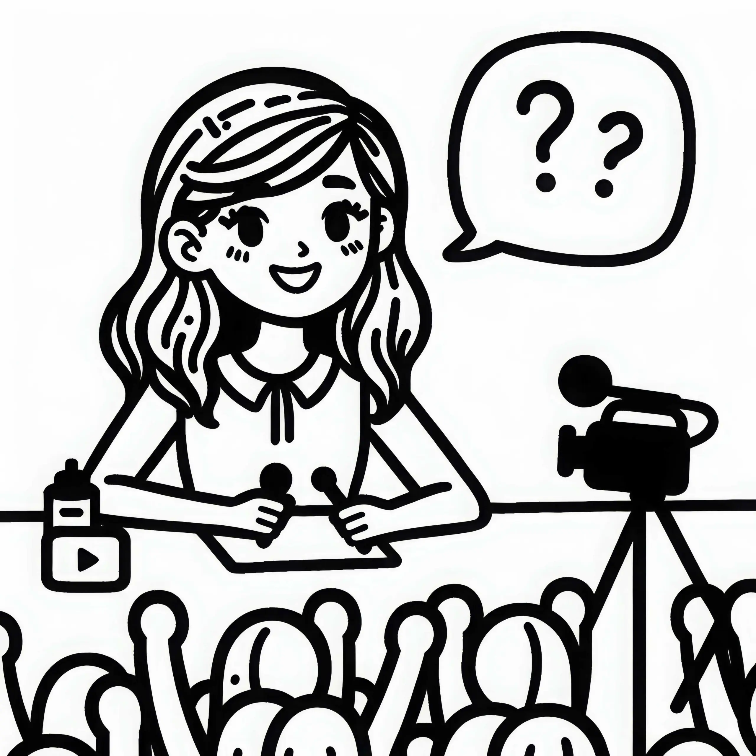 Youtuberin bei öffentlicher Fragerunde – Malvorlage einfach gratis (Ausmalbild)