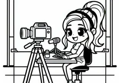 Youtuberin filmt im Studio mit Greenscreen – Ausmalbild kostenlos