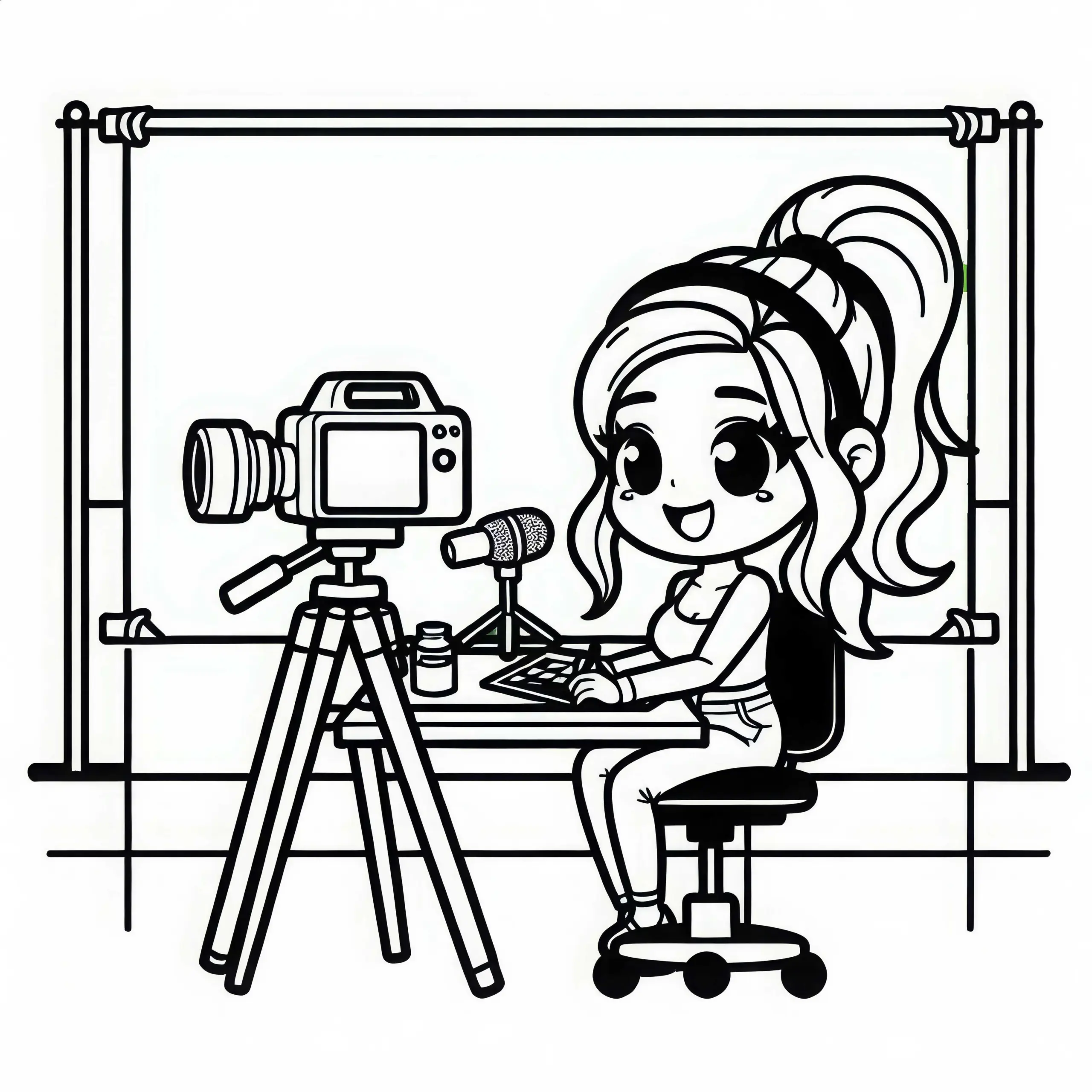 Youtuberin filmt im Studio mit Greenscreen – Ausmalbild kostenlos