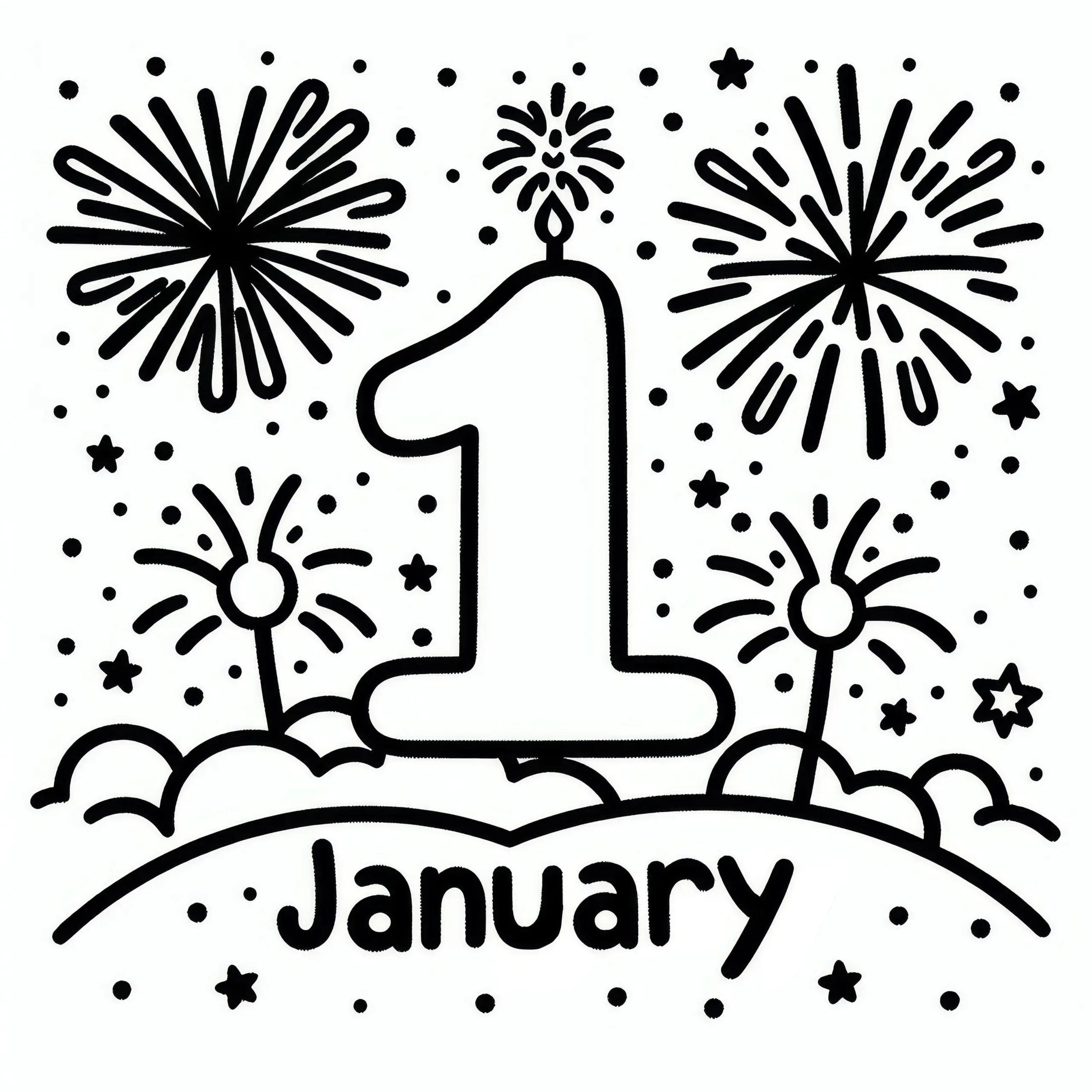 Zahl 1 für den Monat Januar mit Feuerwerk: Malvorlage zum Download (Kostenlos) (Ausmalbild)