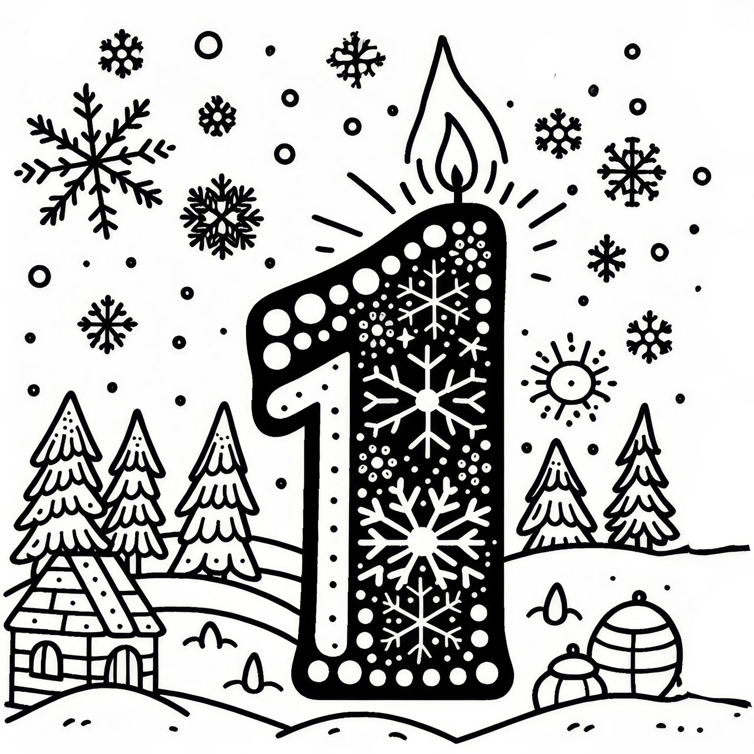 Zahl 1 für den Monat Januar als Kerze mit Schneeflocken: Ausmalbild zum Herunterladen (Gratis)
