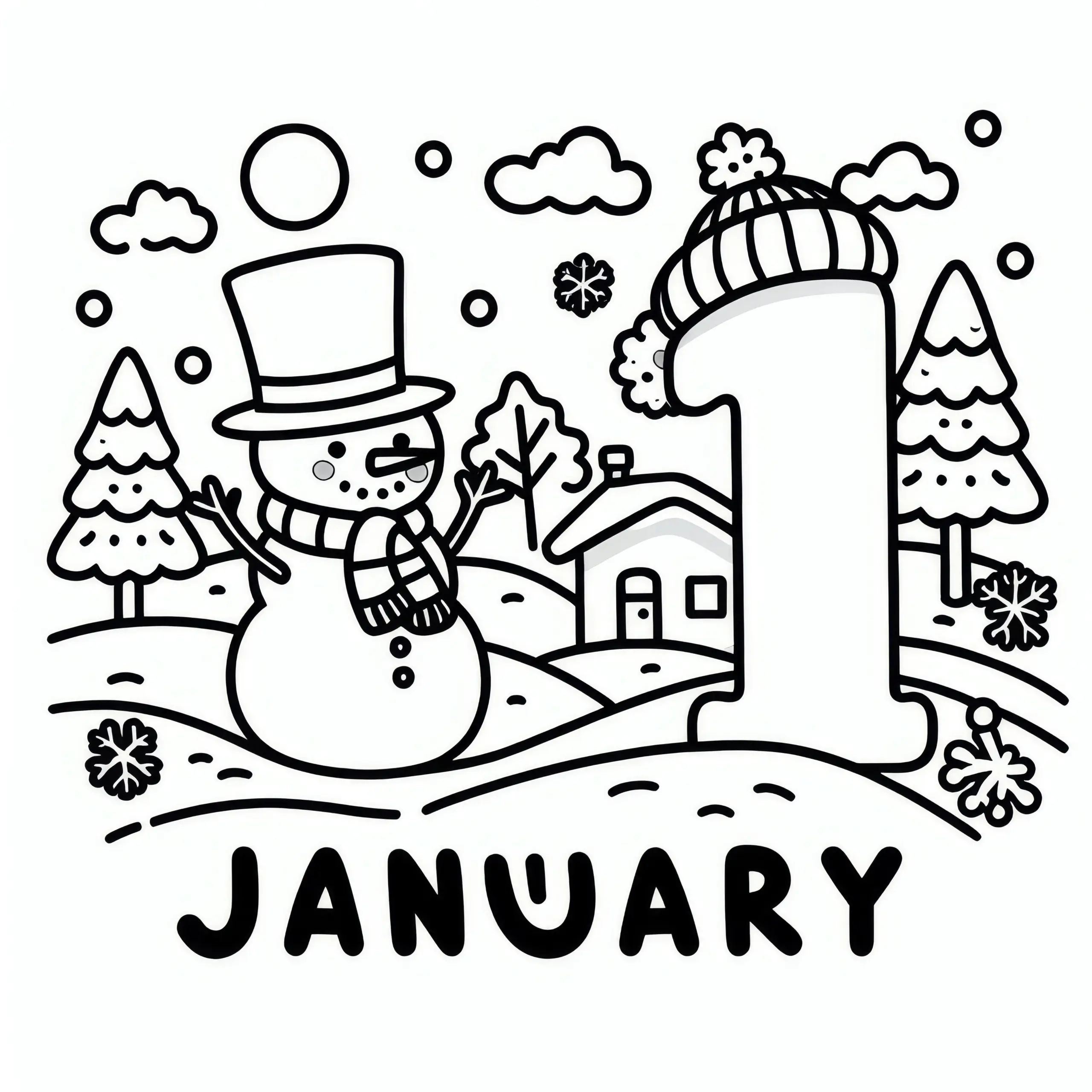 Zahl 1 für den Monat Januar mit Schneemann als Ausmalbild (Kostenlos)
