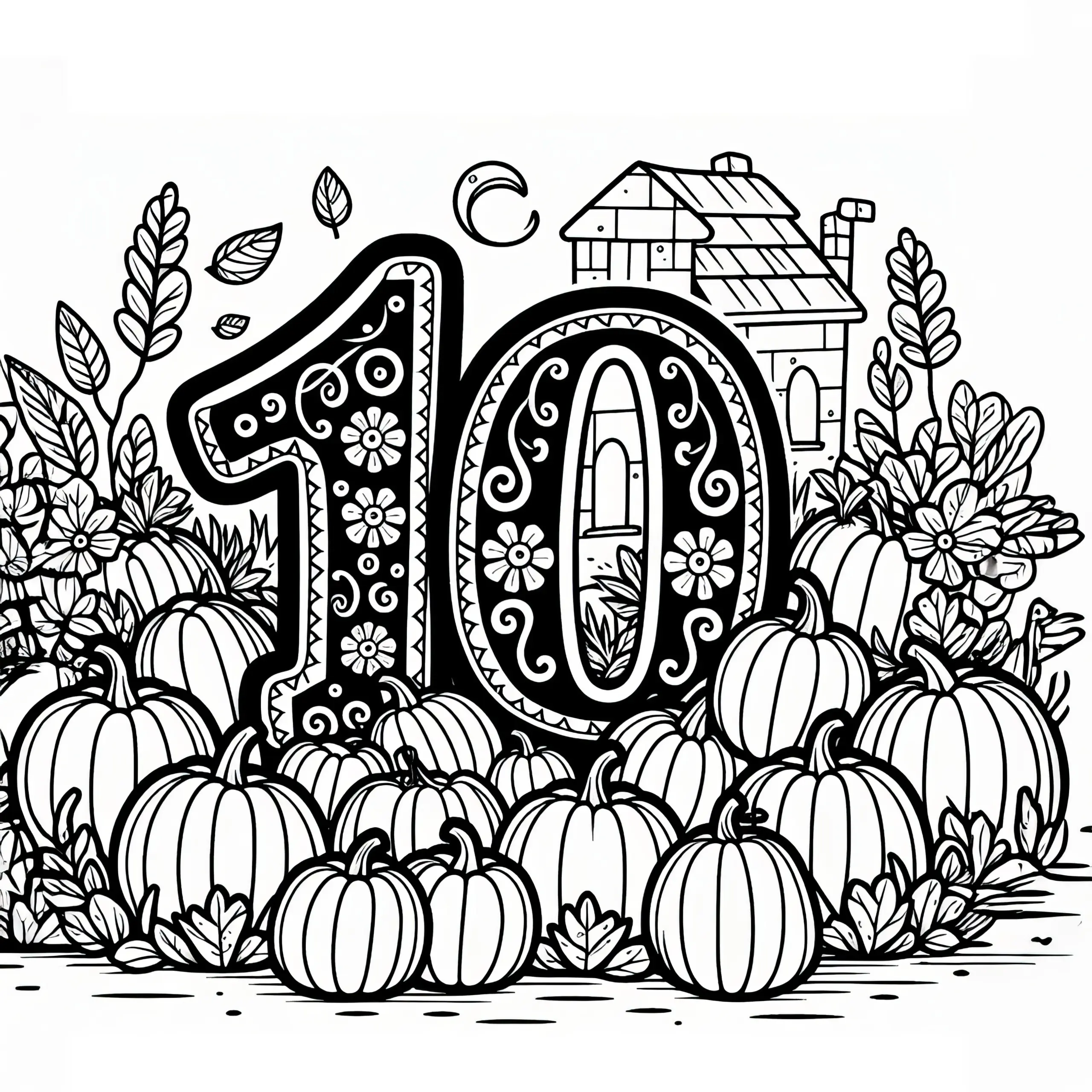 Die Zahl 10 mit Kürbissen im Oktober: Gratis Malvorlage (Ausmalbild)