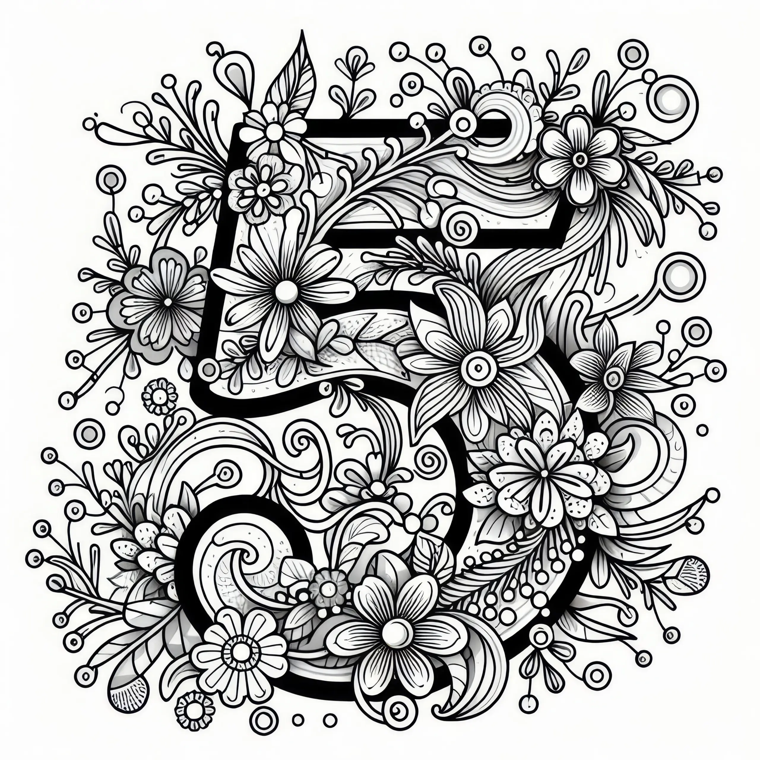 Die Zahl 5 mit Blumenornamenten: Ausmalbild für den Mai (Kostenlos)