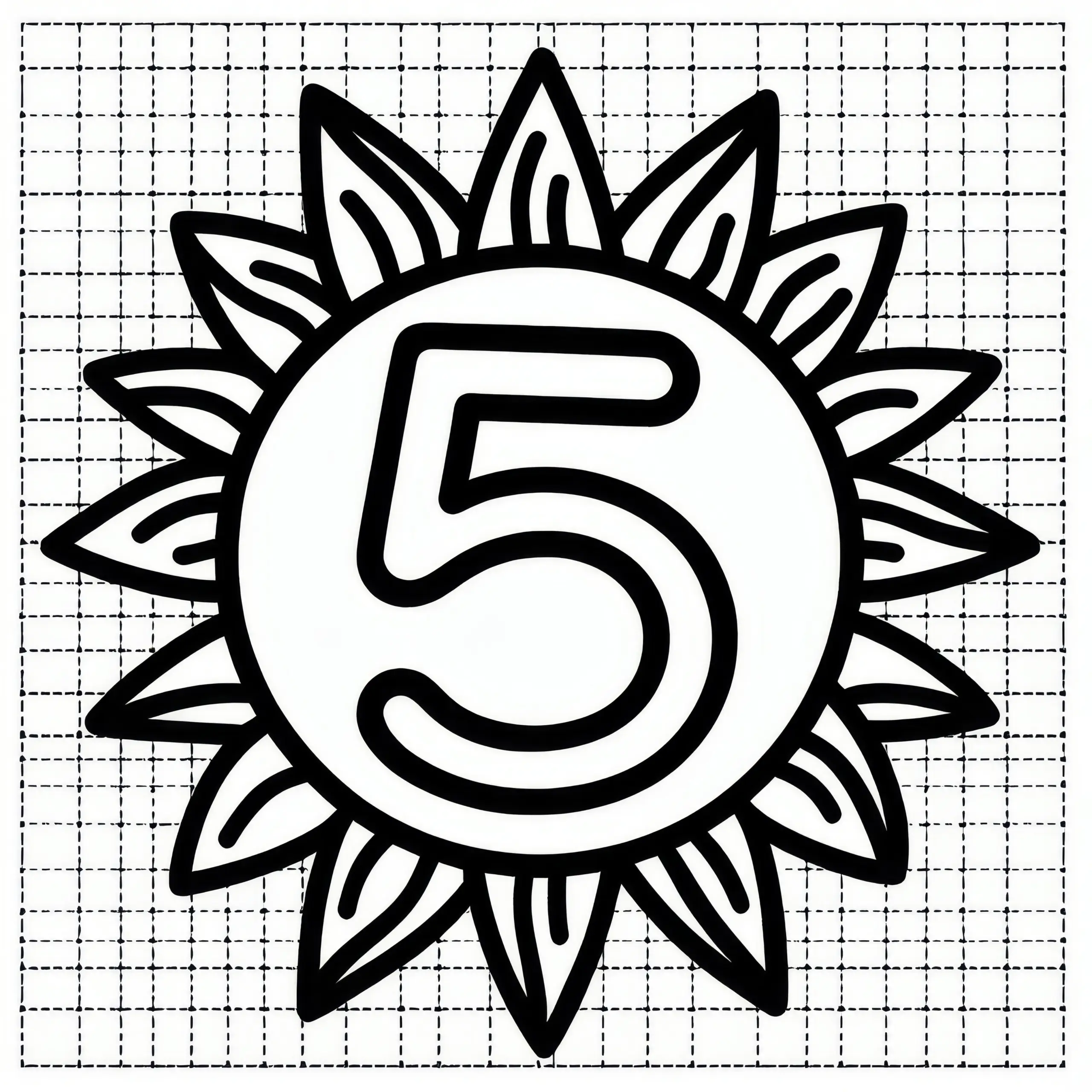 Zahl 5 in strahlender Sonne: Ausmalbild für den Mai zum Herunterladen (Gratis)