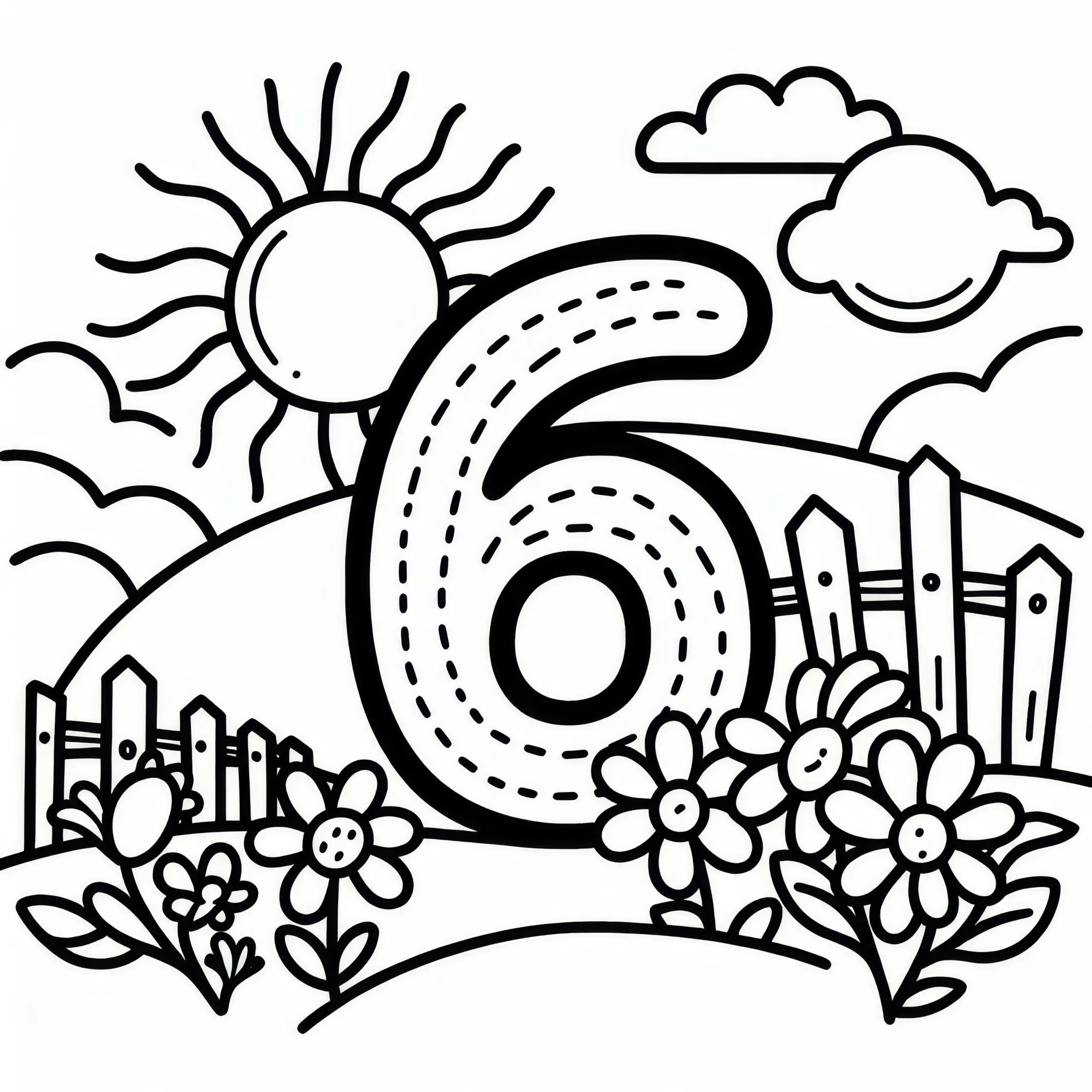 Zahl 6 mit großer Sonne im Juni: Ausmalbild zum Download (Kostenlos)