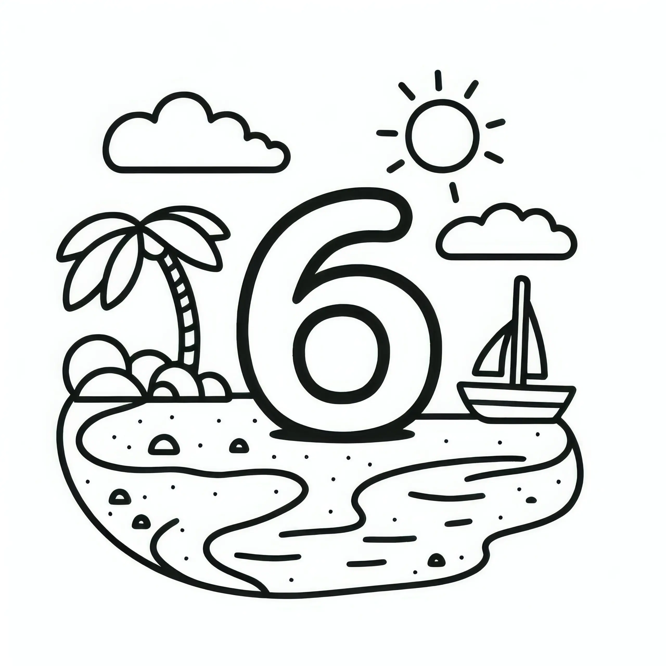 Die Zahl 6 am Strand: Juni Malvorlage (Gratis) (Ausmalbild)
