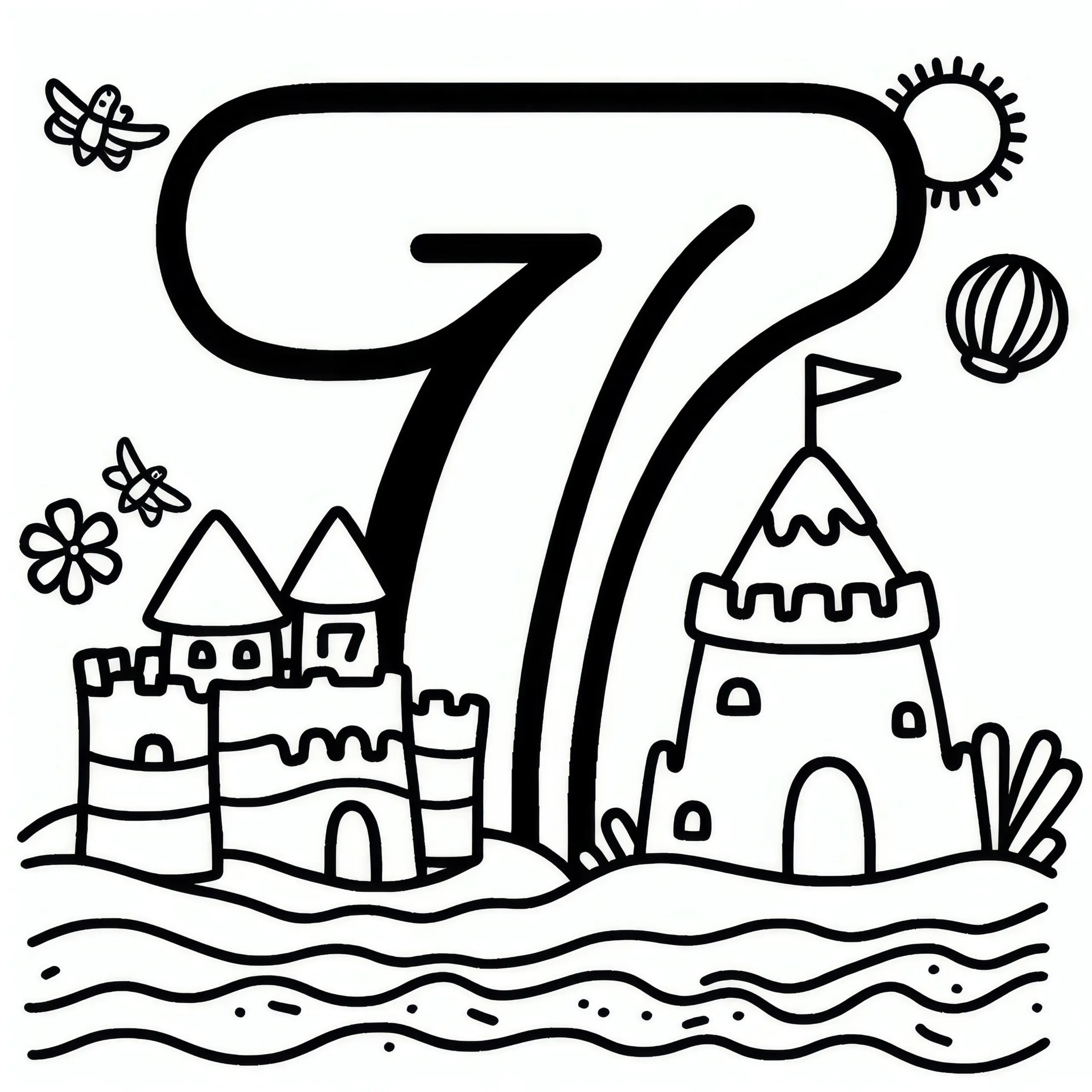 Zahl 7 mit Sandburg im Juli: Ausmalbild zum Herunterladen (Gratis)
