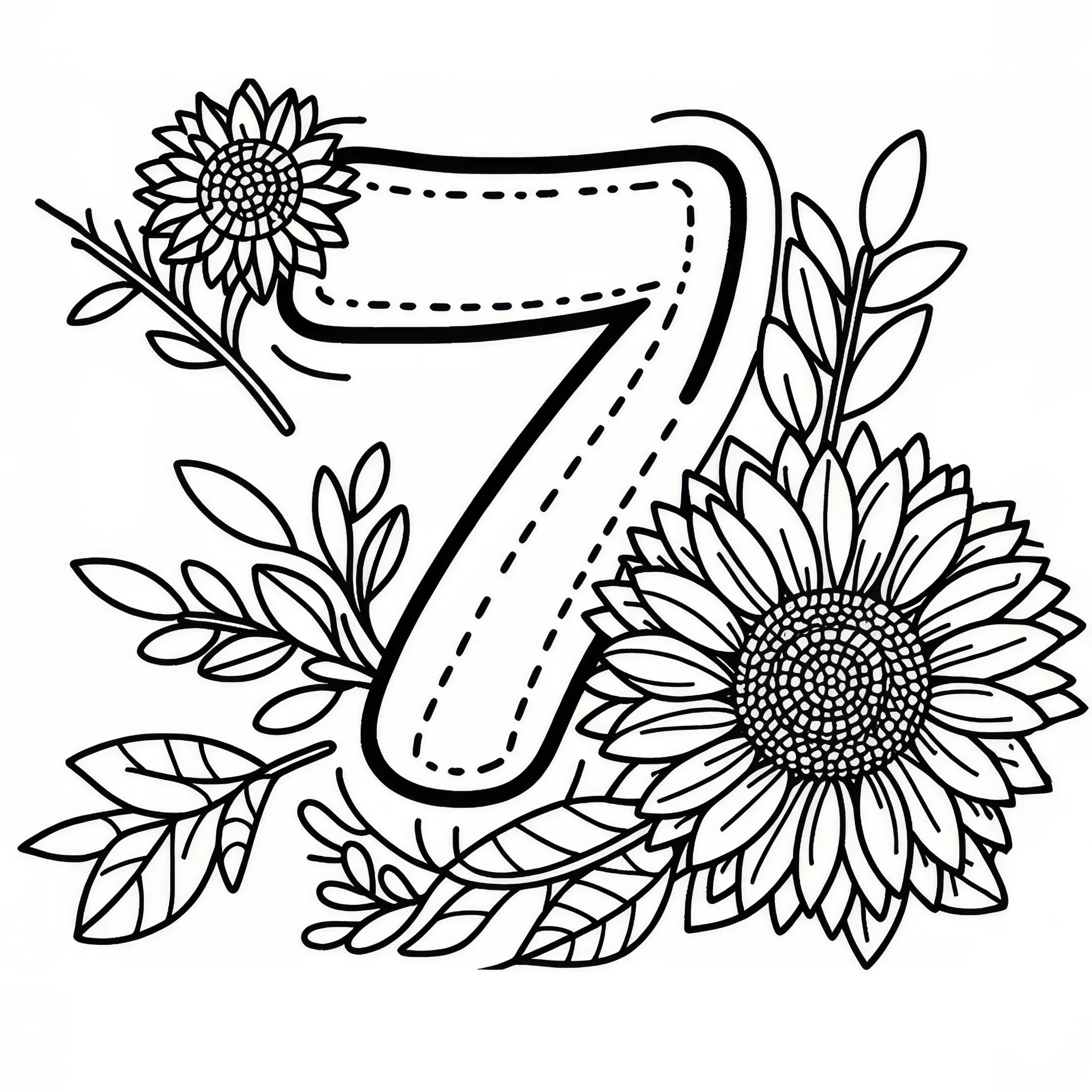 Zahl 7 mit Sonnenblumen im Juli: Gratis Malvorlage zum Download (Ausmalbild)