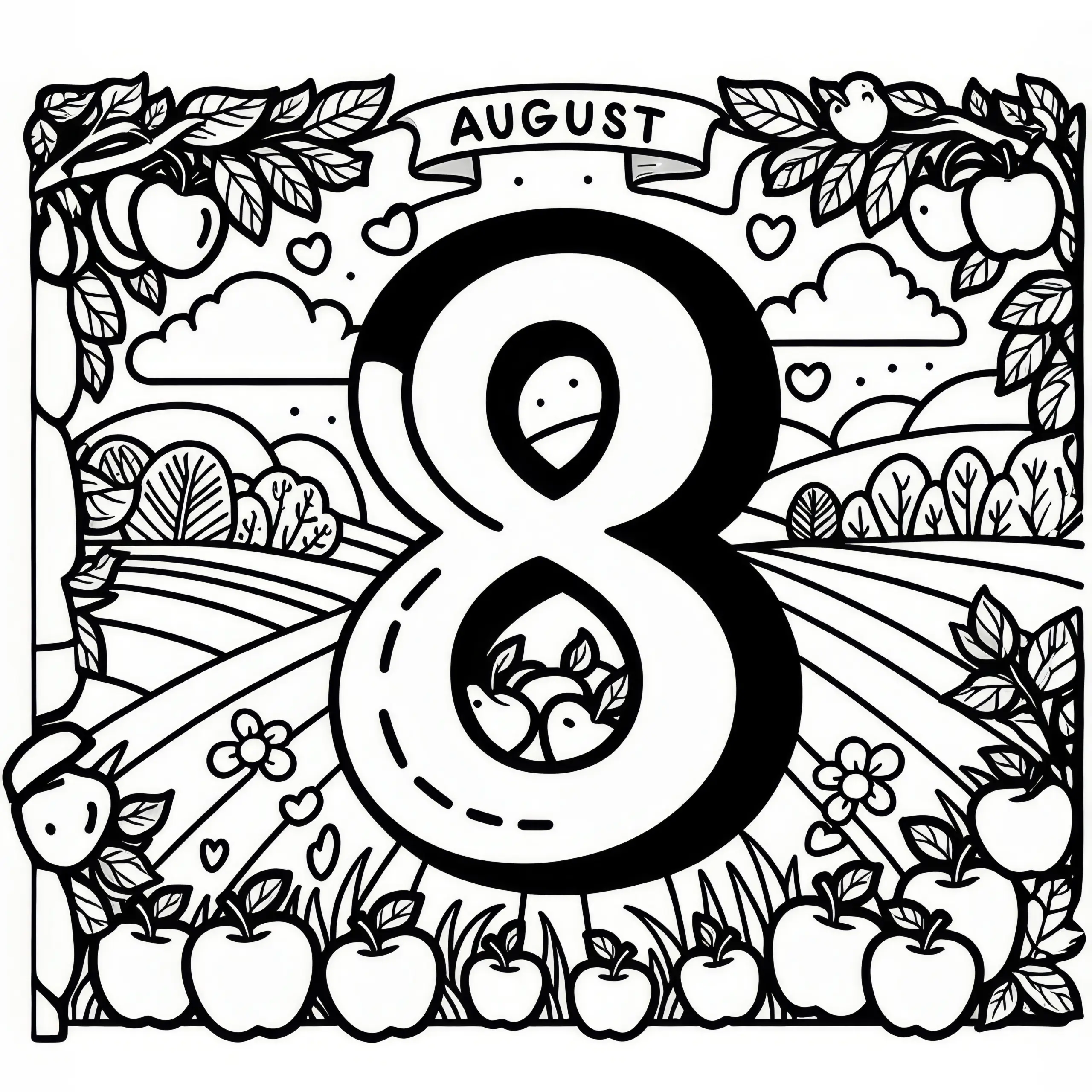 Zahl 8 mit Äpfeln und Feldern im August: Ausmalbild zum Download (Gratis)