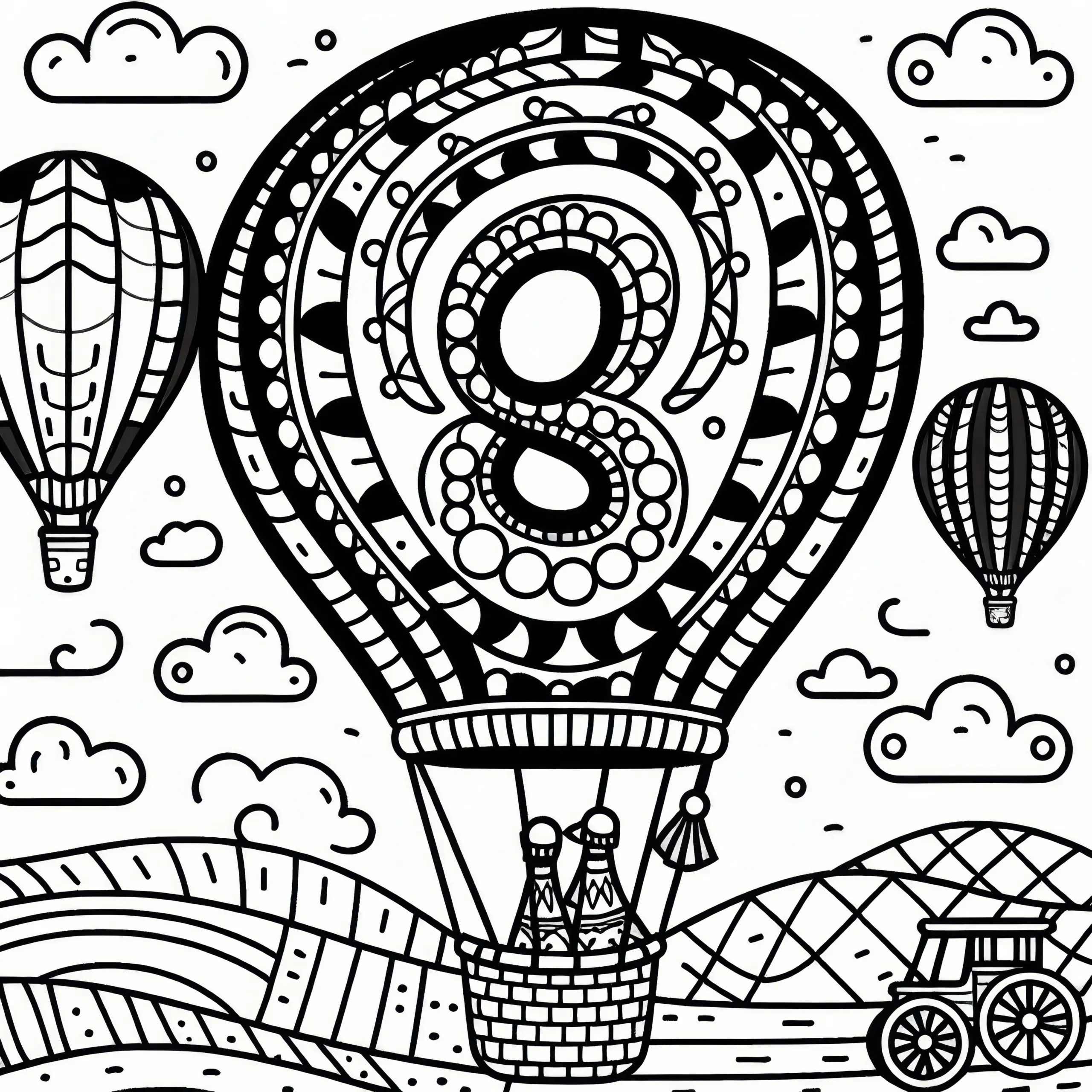 Zahl 8 auf Heißluftballon im August als Ausmalbild (Kostenlos)