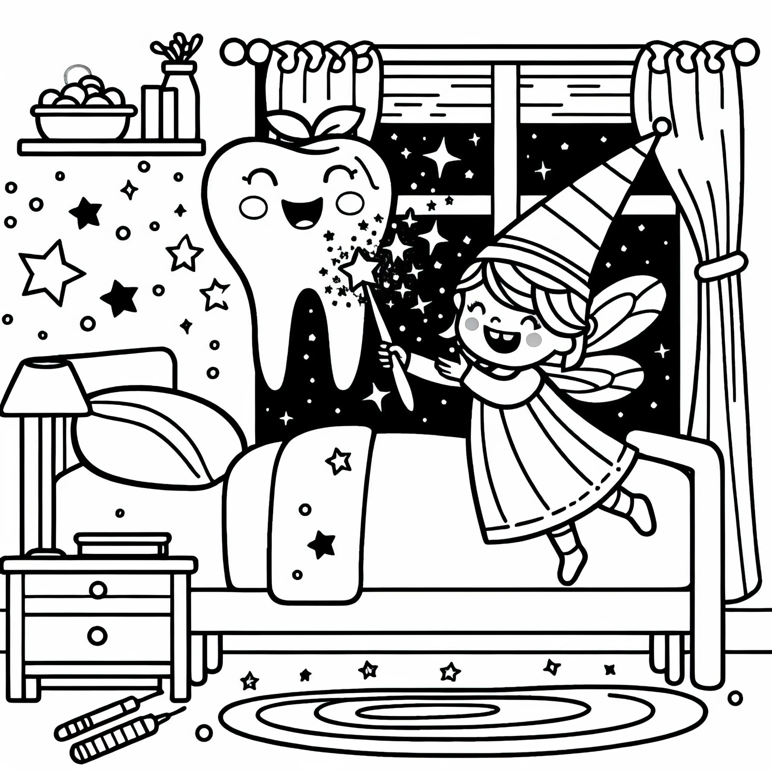 Zahnfee zaubert funkelnden Sternenhimmel ins Kinderzimmer: Malvorlage zum Download (Gratis) (Ausmalbild)