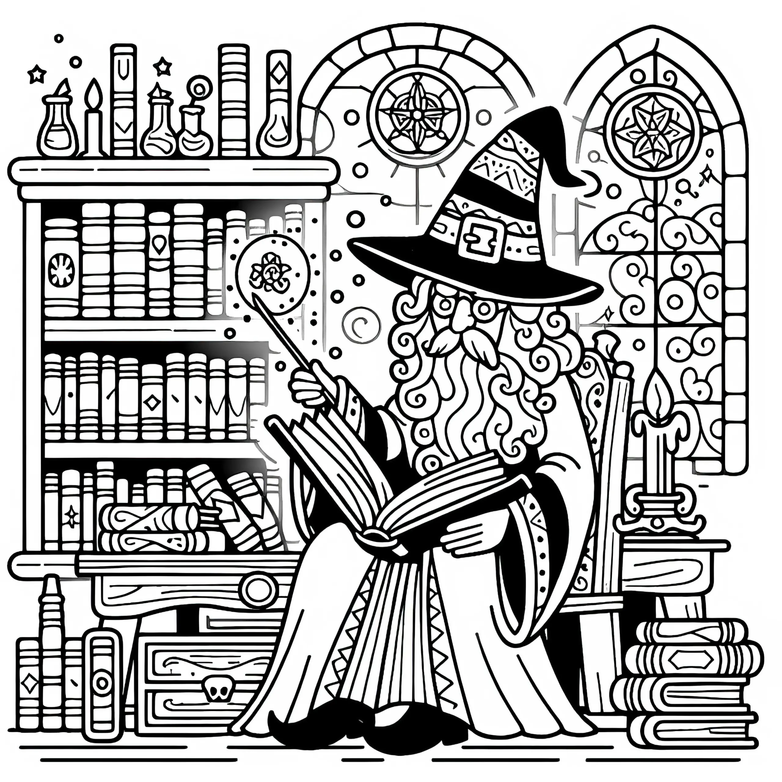 Zauberer liest in altem Zauberbuch in seiner mystischen Bibliothek: Ausmalbild zum Herunterladen (Kostenlos)