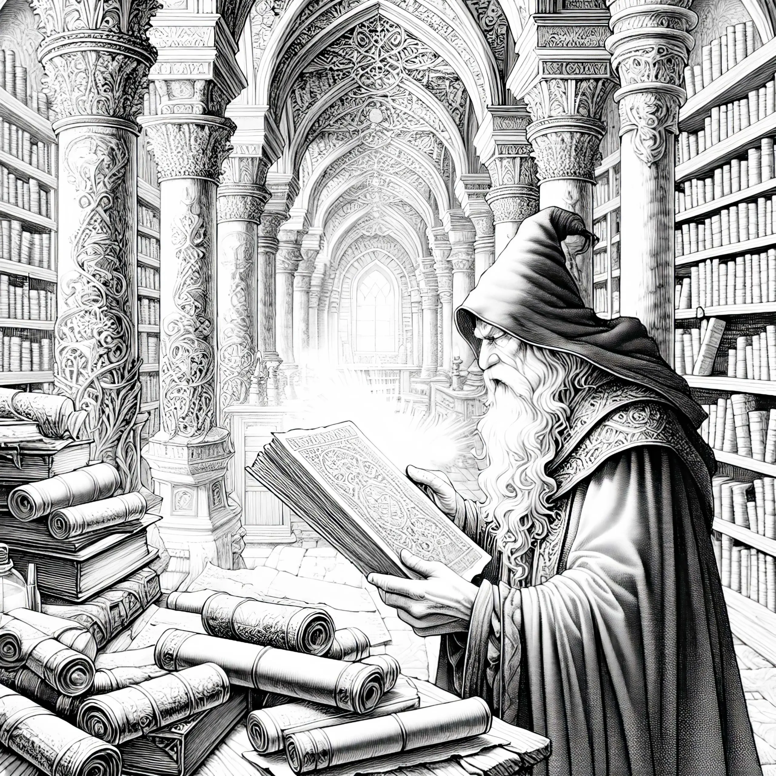 Zauberer studiert alte Schriftrollen in verstaubter Bibliothek: Malvorlage in hoher Qualität (Kostenlos) (Ausmalbild)