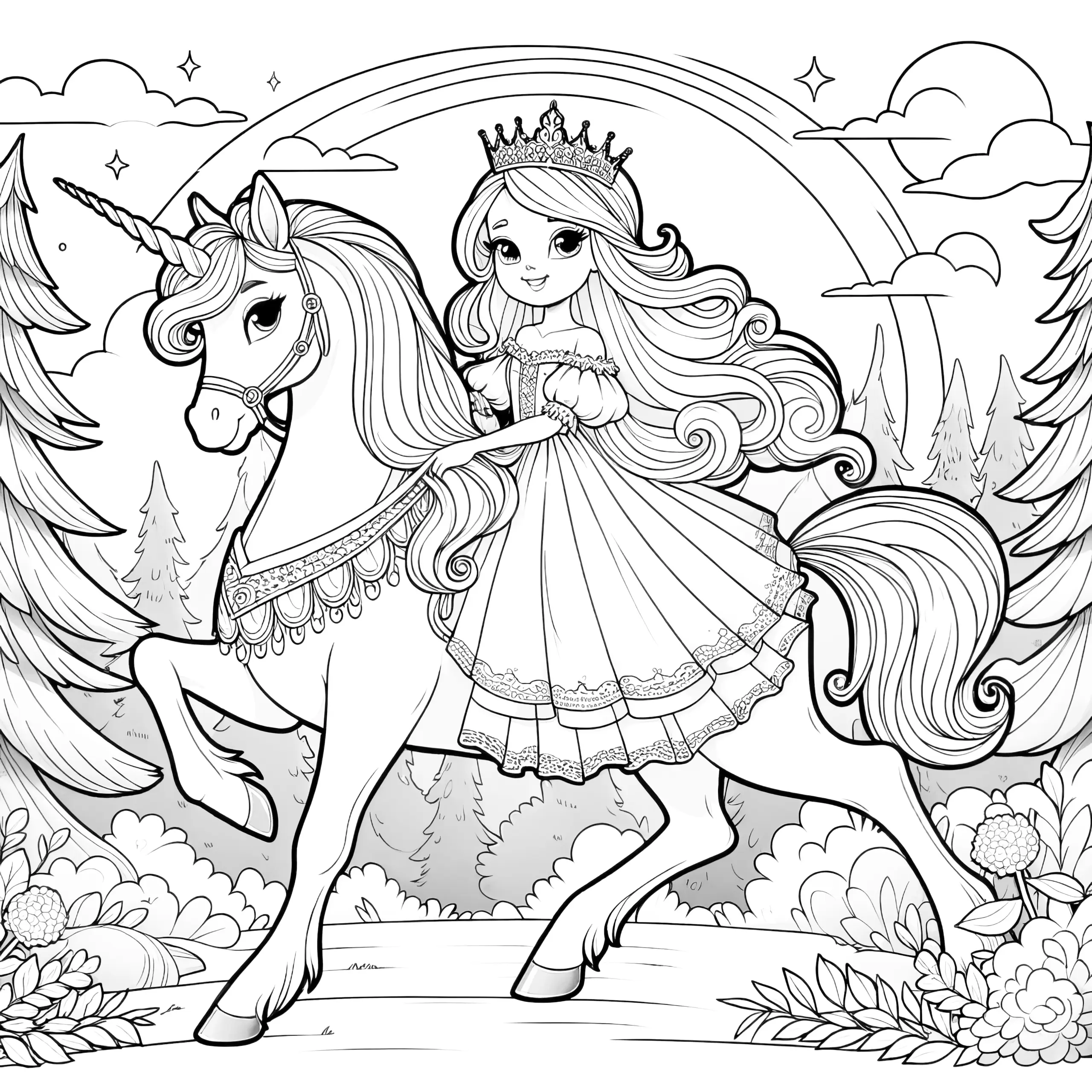 Zauberhafte Prinzessin reitet auf anmutigem Einhorn (Ausmalbild)