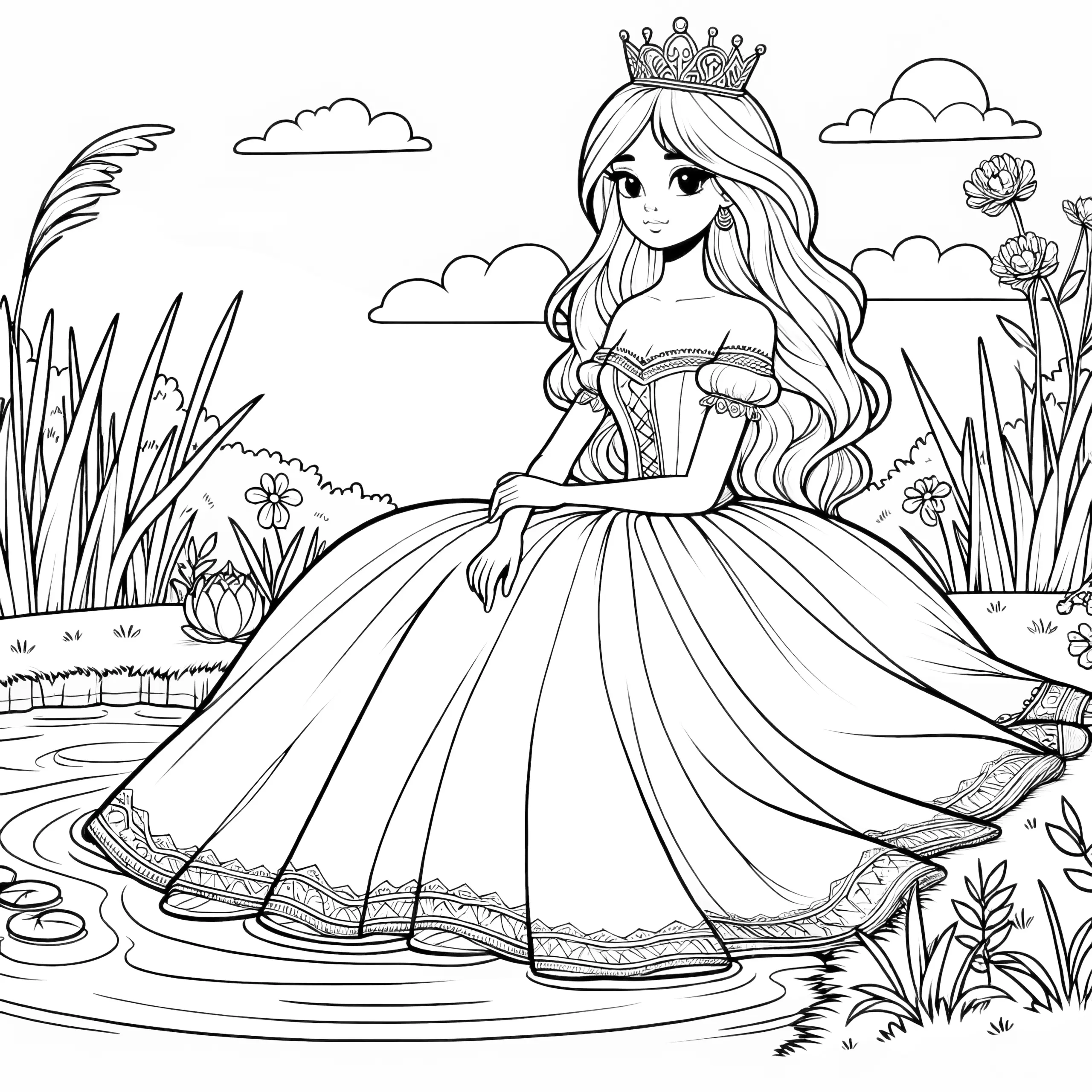 Zauberhafte Prinzessin sitzt am See: Kostenlose Malvorlage zum Download (Ausmalbild)