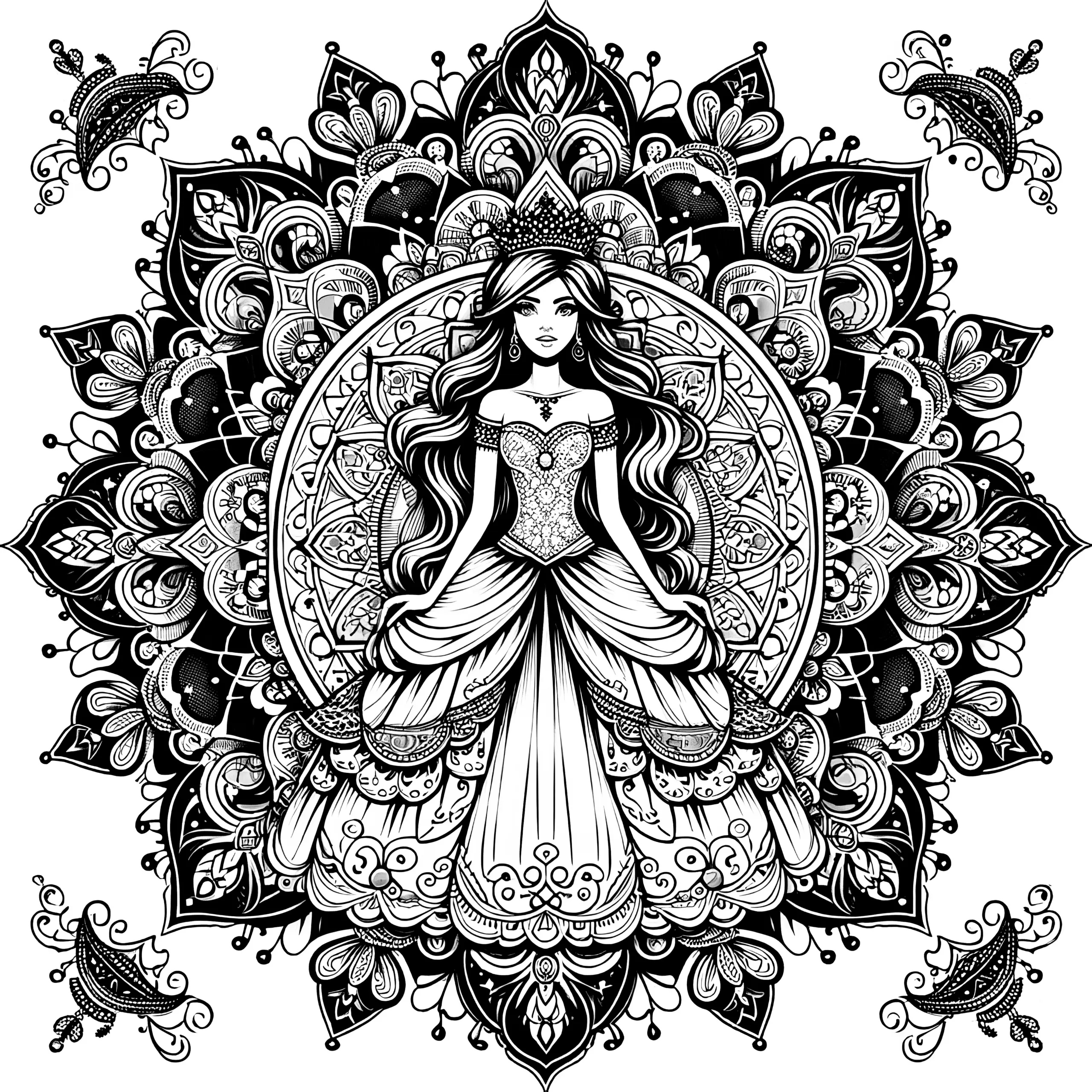 Zauberhaftes Prinzessin-Mandala komplex: Bild zum Ausdrucken (Kostenlos) (Ausmalbild)
