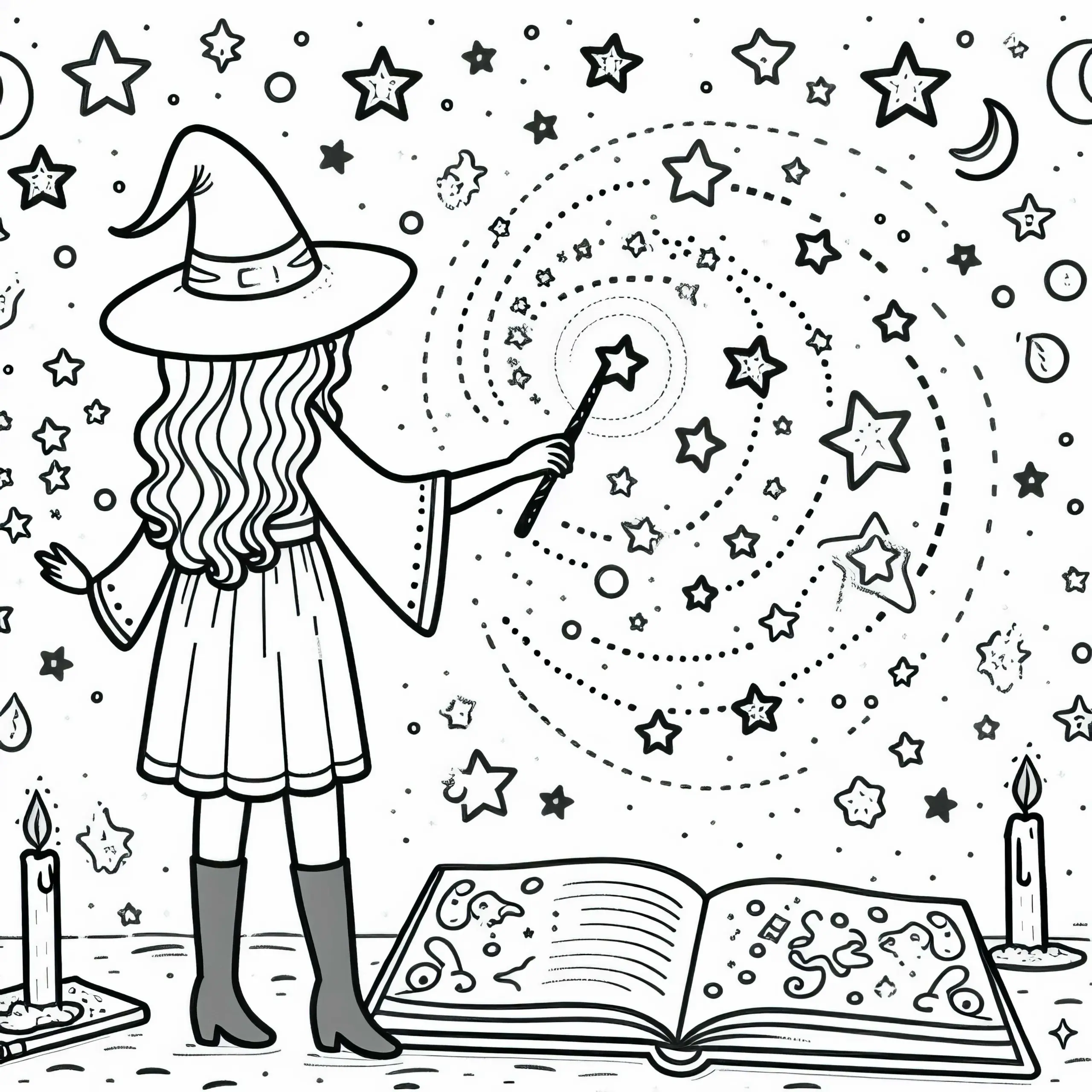 Zauberin übt mit Buch – Malvorlage für Mädchen ab sechs kostenlos (Ausmalbild)
