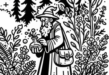 Zaubertrankmischer sammelt seltene Kräuter im Wald – Ausmalbild kostenlos