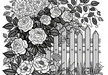Zaun mit Kletterrosen und Ranken als Ausmalbild für Gartenfreunde