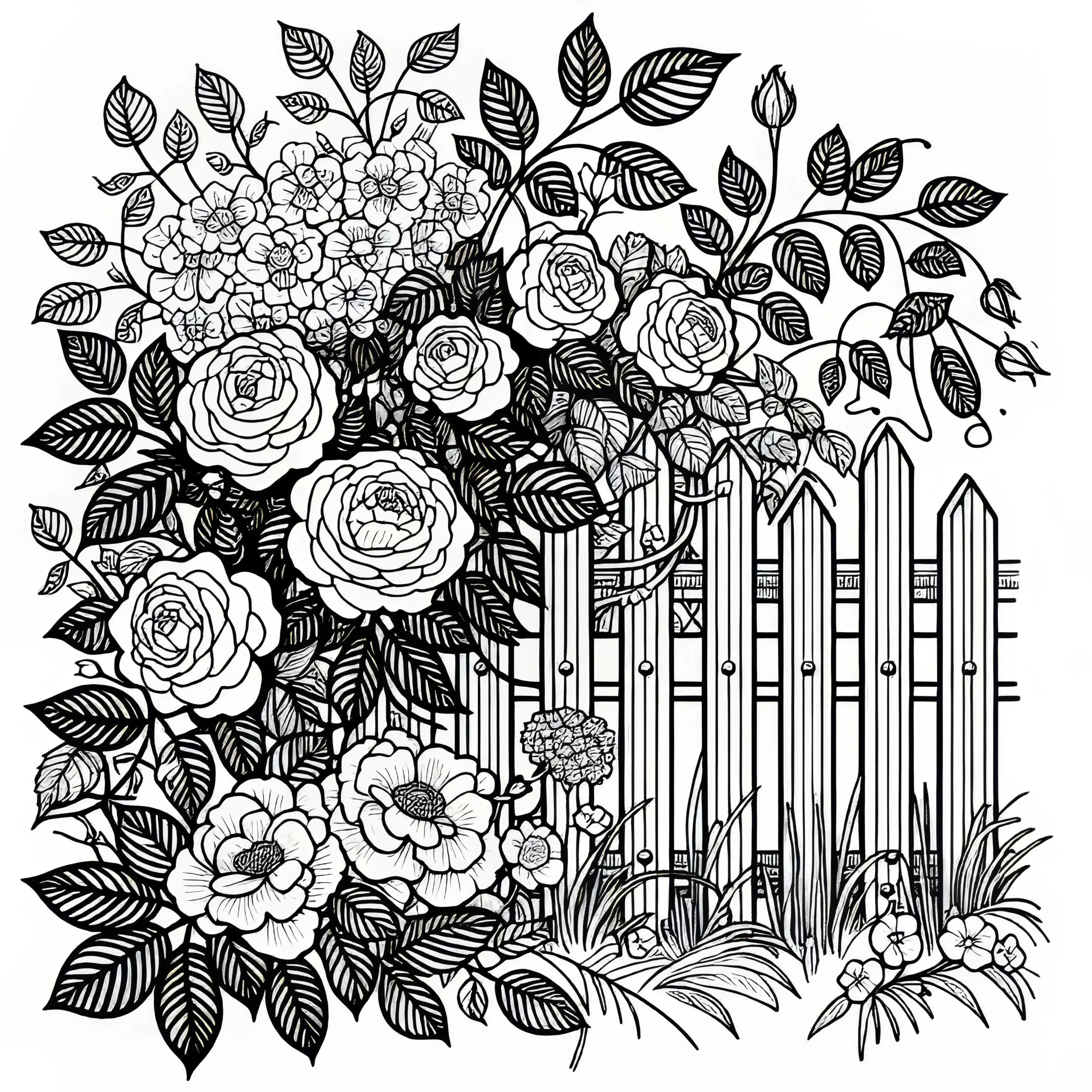 Zaun mit Kletterrosen und Ranken als Ausmalbild für Gartenfreunde