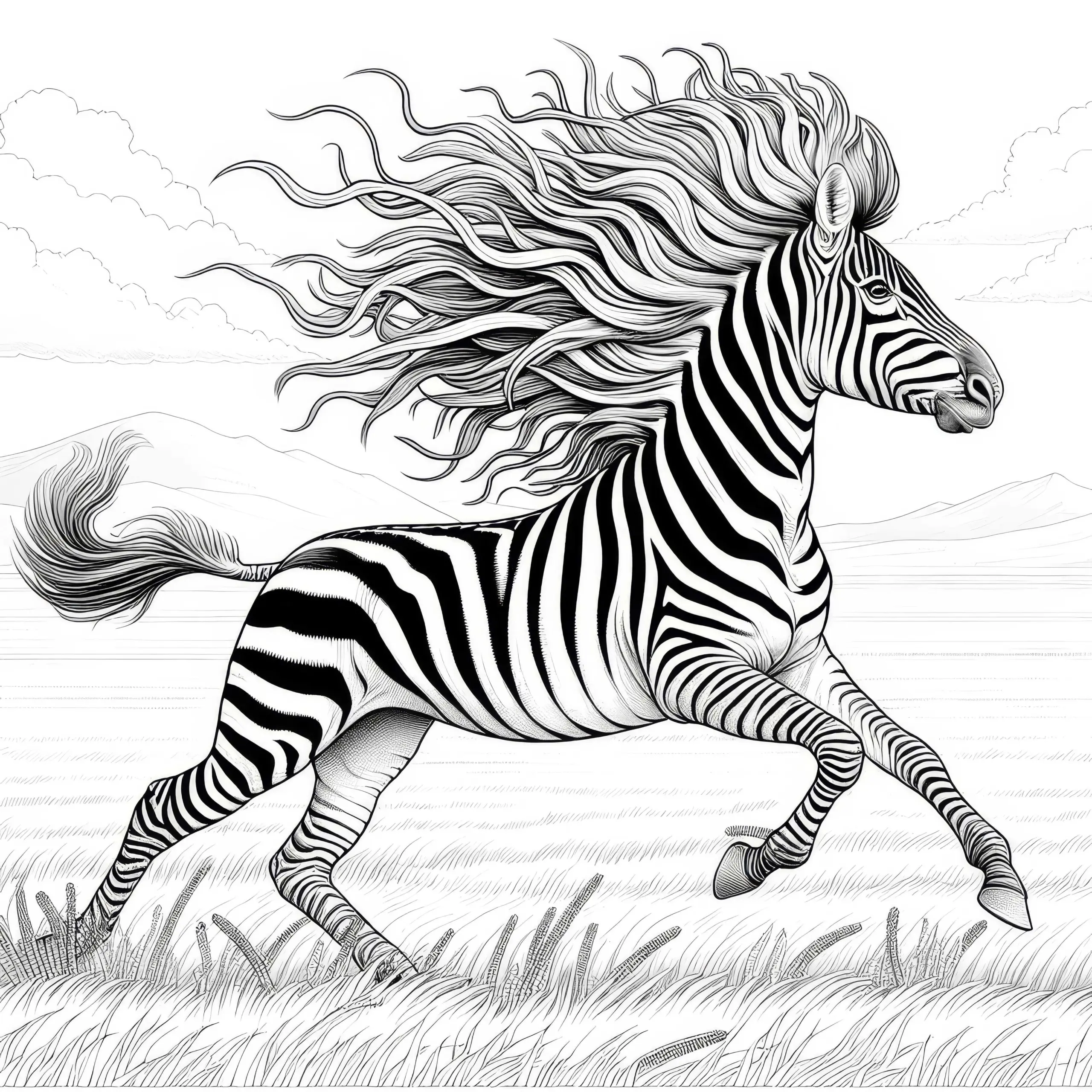 Zebra galoppiert mit wehender Mähne über weite Steppe: Ausmalbild zum Herunterladen (Kostenlos)