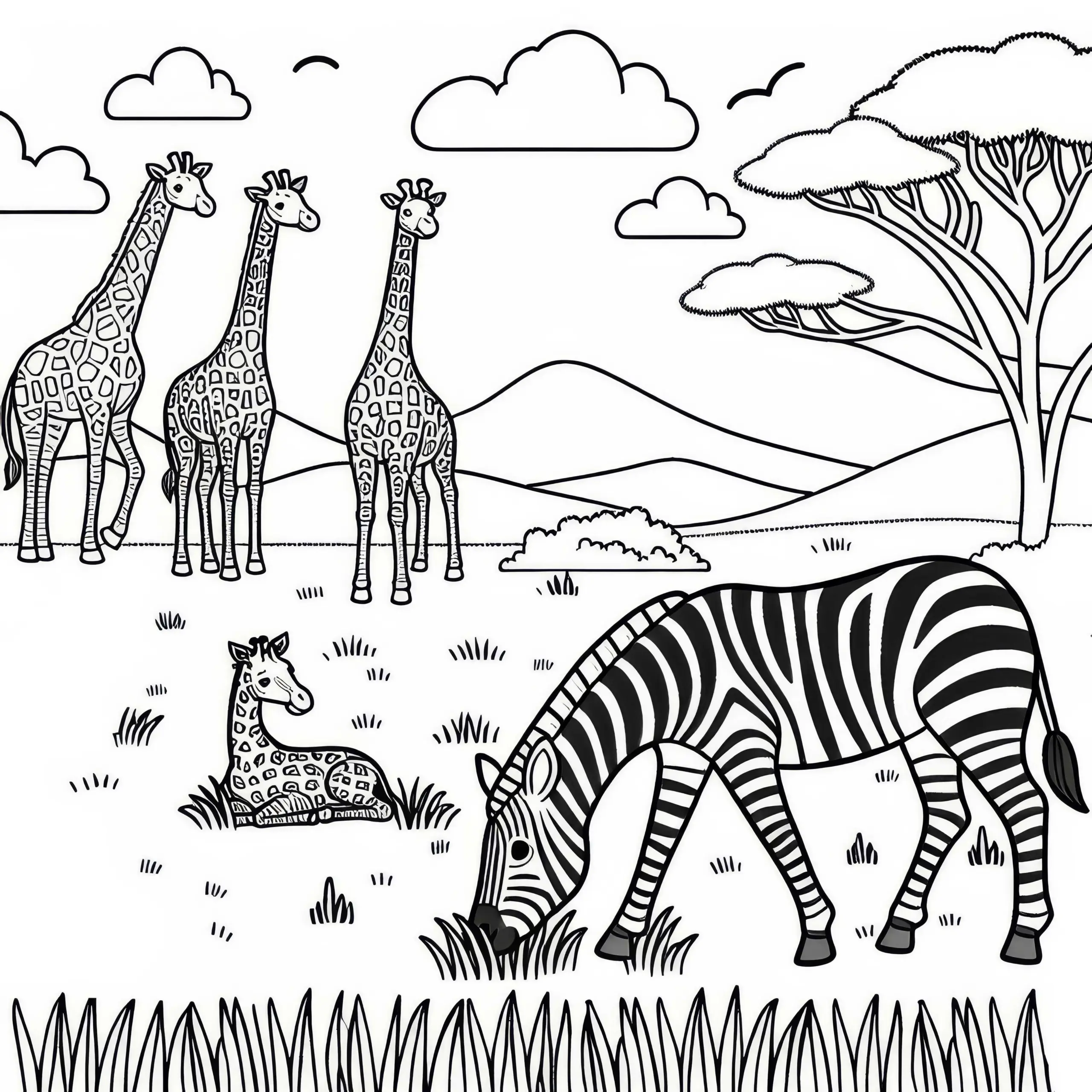 Zebra grast friedlich in der Savanne mit Giraffen im Hintergrund: Einfaches Ausmalbild (Kostenlos)