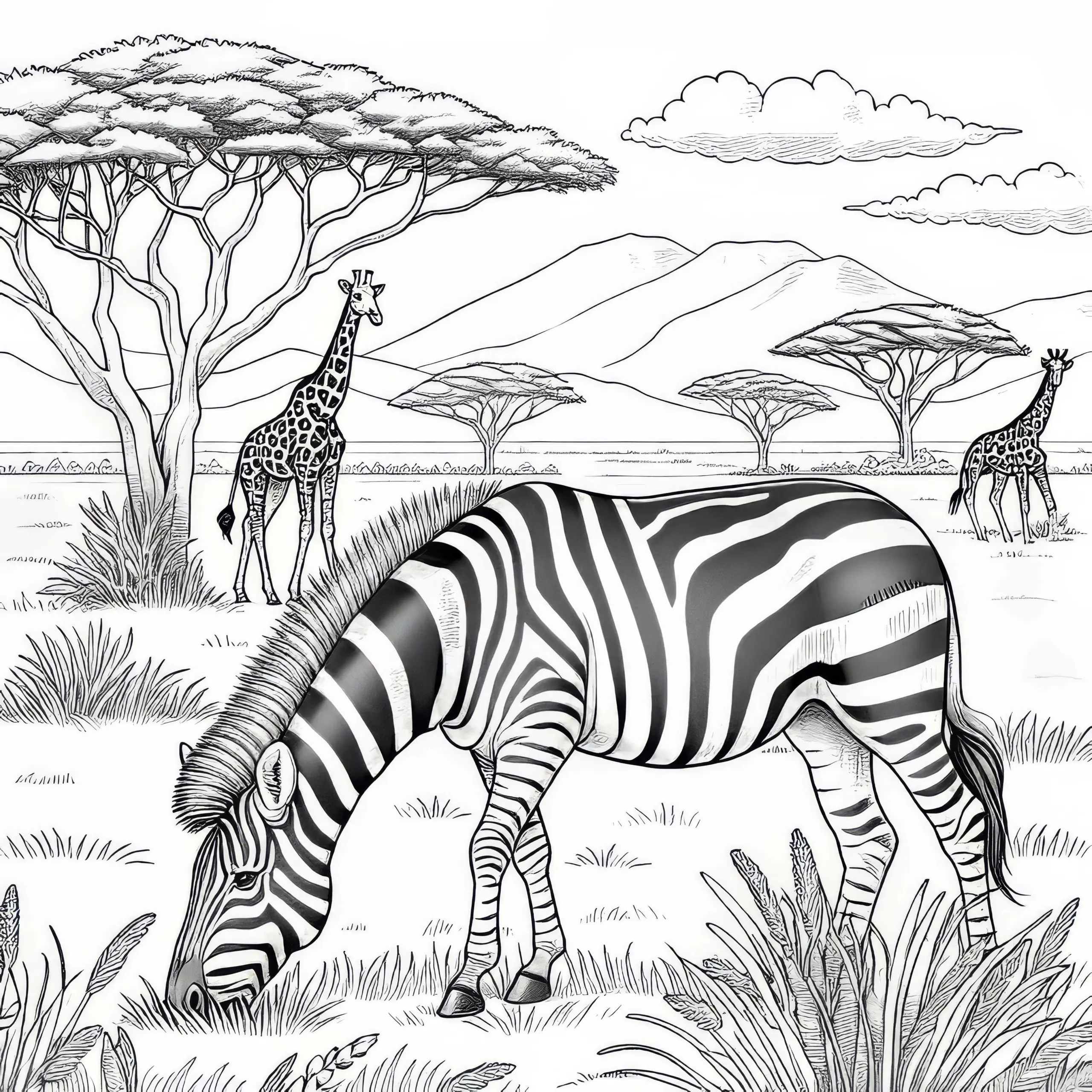 Zebra grast in der Savanne mit Giraffen im Hintergrund: Realistisches Ausmalbild (Gratis)