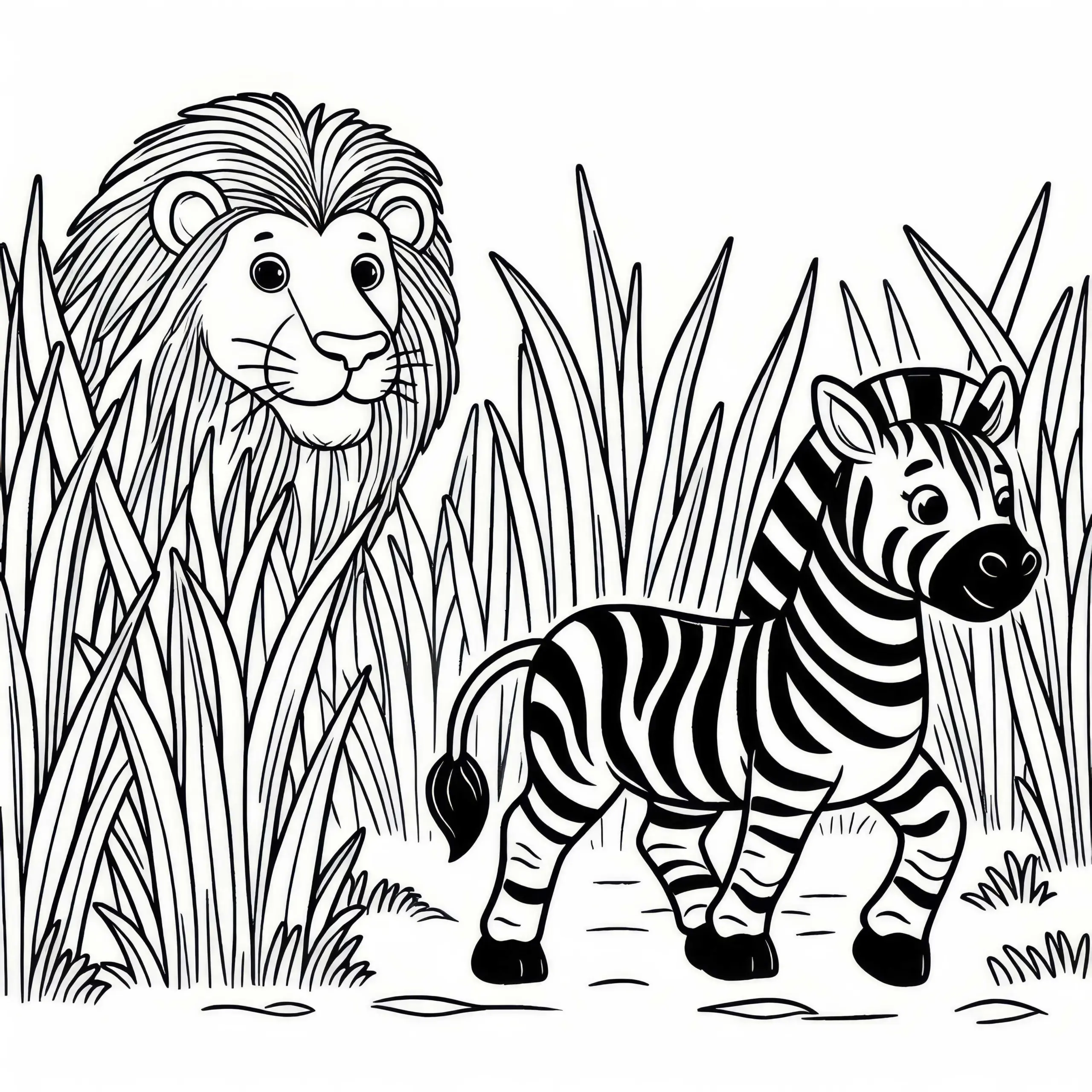 Zebra läuft durch hohe Gräser, unter Beobachtung eines Löwen: Einfache Malvorlage (Kostenlos) (Ausmalbild)